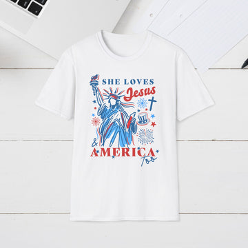 She Loves Jesus & America Unisex Softstyle T-Shirt - Patriotic Graphic Tee
