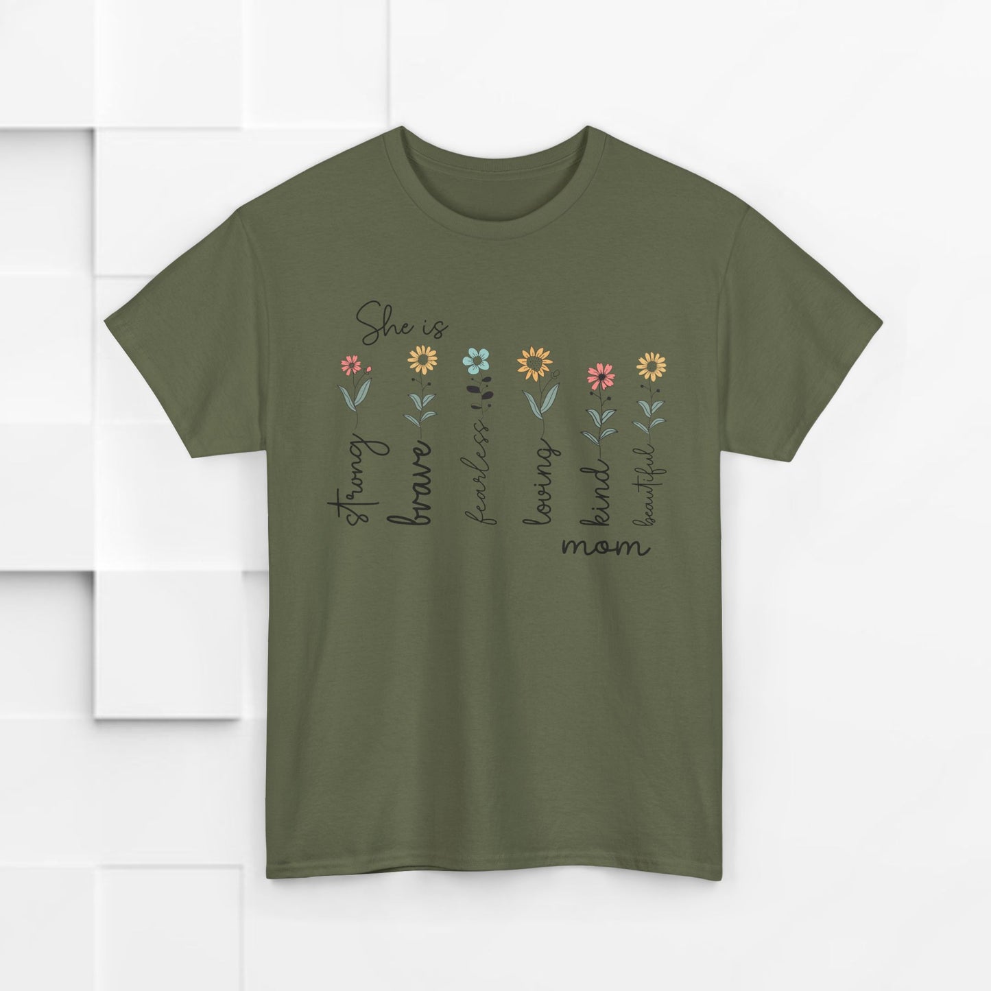 Inspirational Mom Heavy Cotton Tee - Strong, Brave, Kind, Beautiful Design