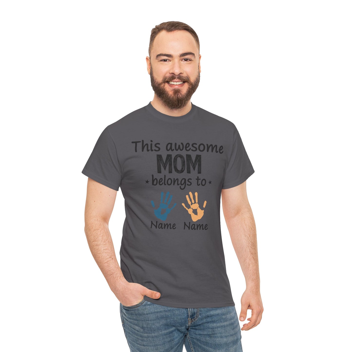 Custom "This Awesome MOM Belongs To" Unisex Heavy Cotton Tee - Perfect Gift for Mother's Day and Family Celebrations