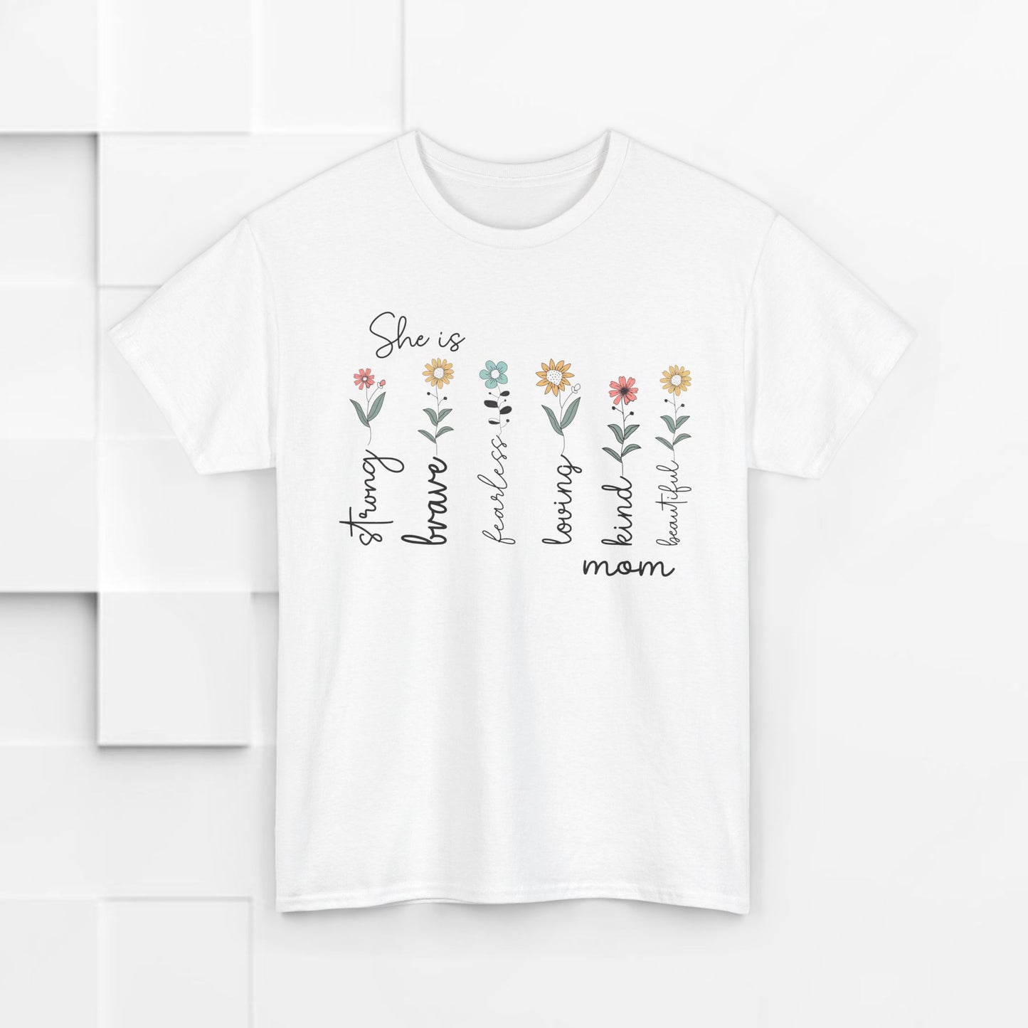 Inspirational Mom Heavy Cotton Tee - Strong, Brave, Kind, Beautiful Design