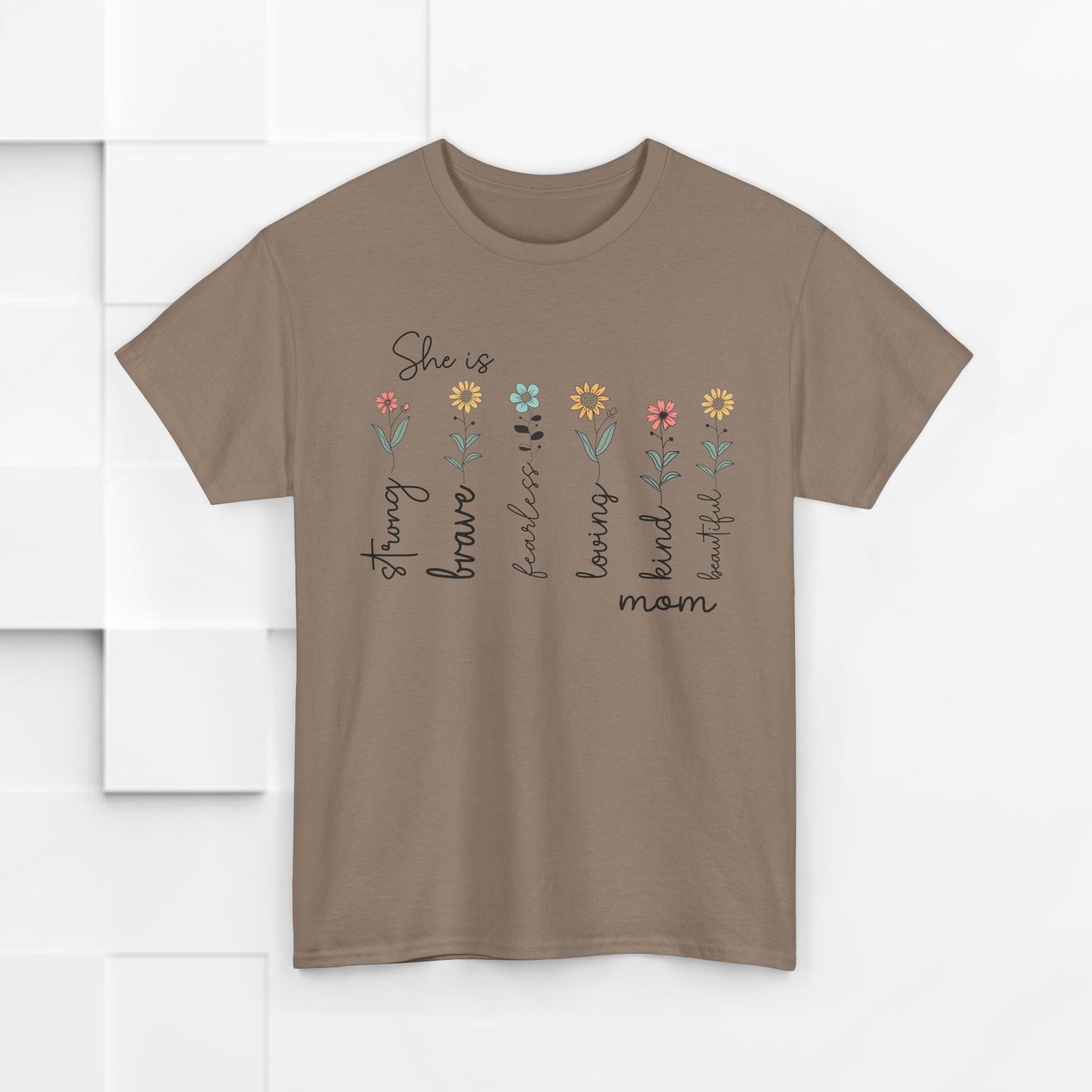 Inspirational Mom Heavy Cotton Tee - Strong, Brave, Kind, Beautiful Design