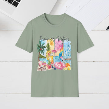 Summer Vibes Unisex Softstyle T-Shirt, Beachwear, Vacation Tee, Gift for Her, Palm Tree Shirt, Casual Summer Apparel