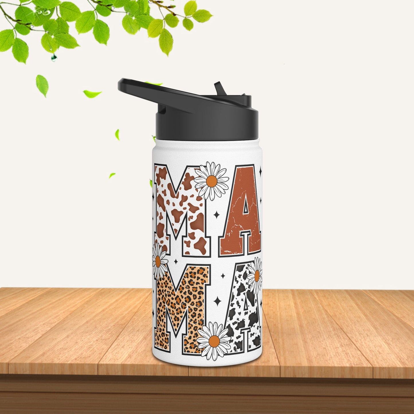 Stylish Stainless Steel Water Bottle - ‘AM’ Design with Florals and Leopard Print
