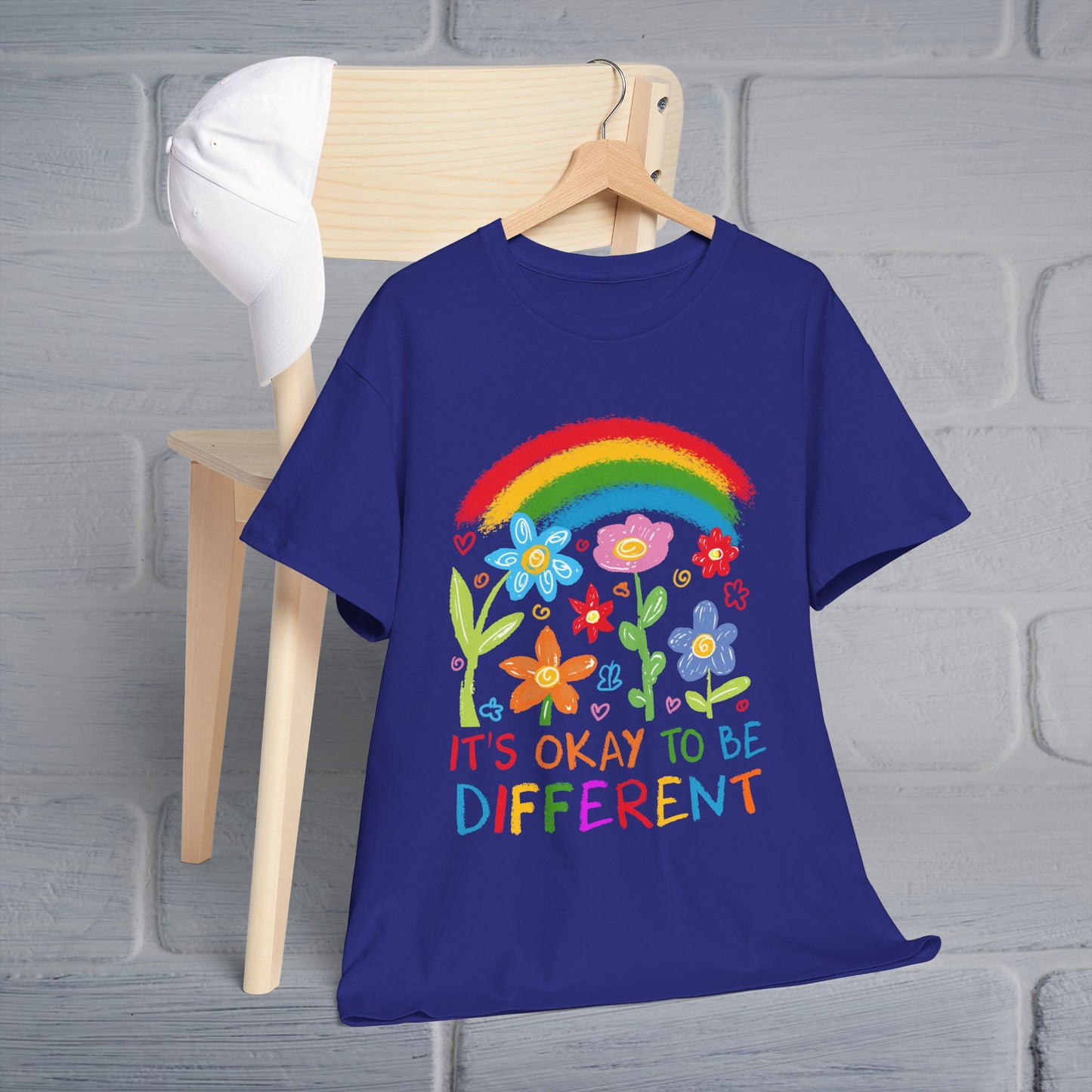 Unisex Heavy Cotton Tee - "It's Okay to Be Different" Rainbow Floral Design - Celebrate Individuality