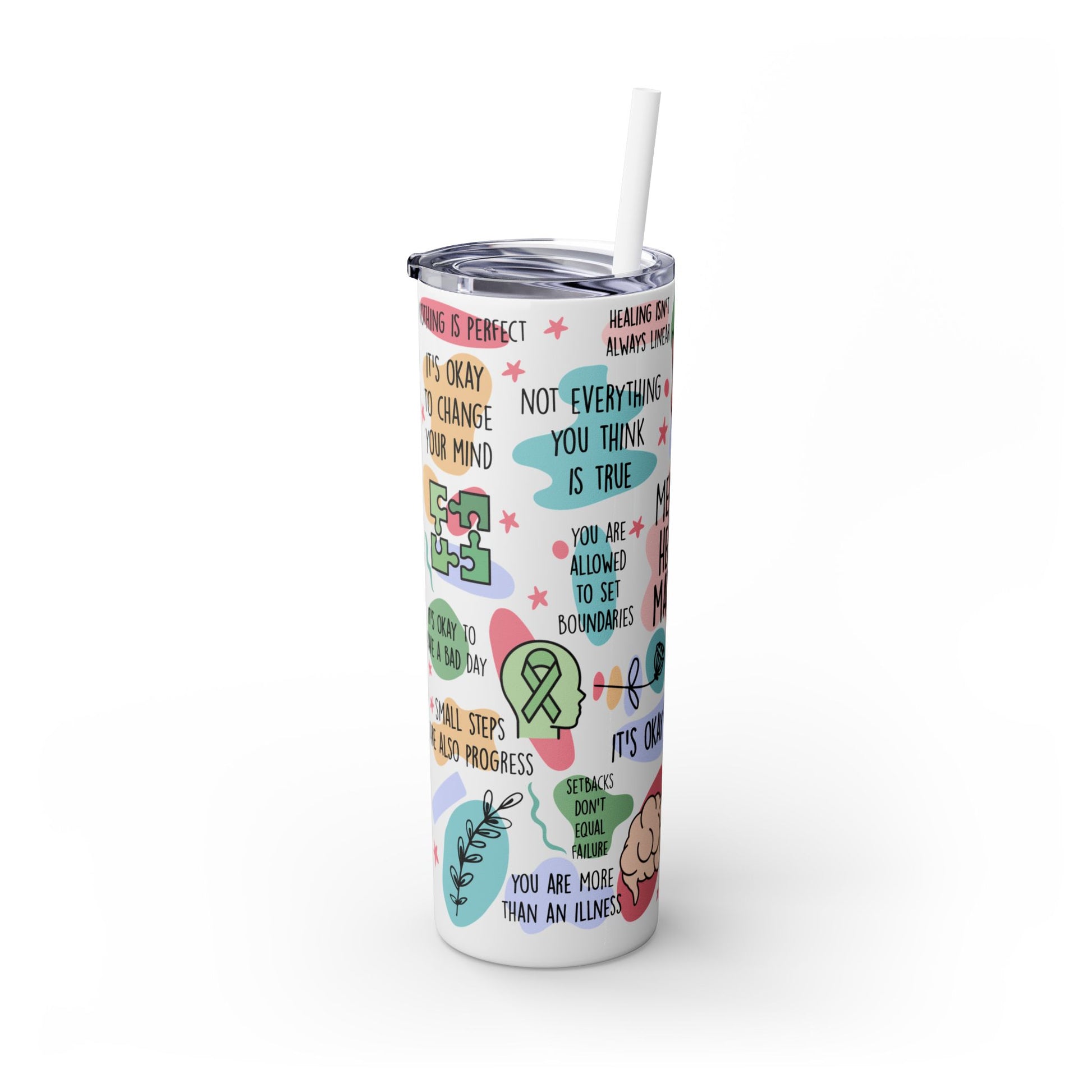 Mental Health Matters Skinny Tumbler with Straw - 20oz Inspirational Drinkware - GULLYDESIGN
