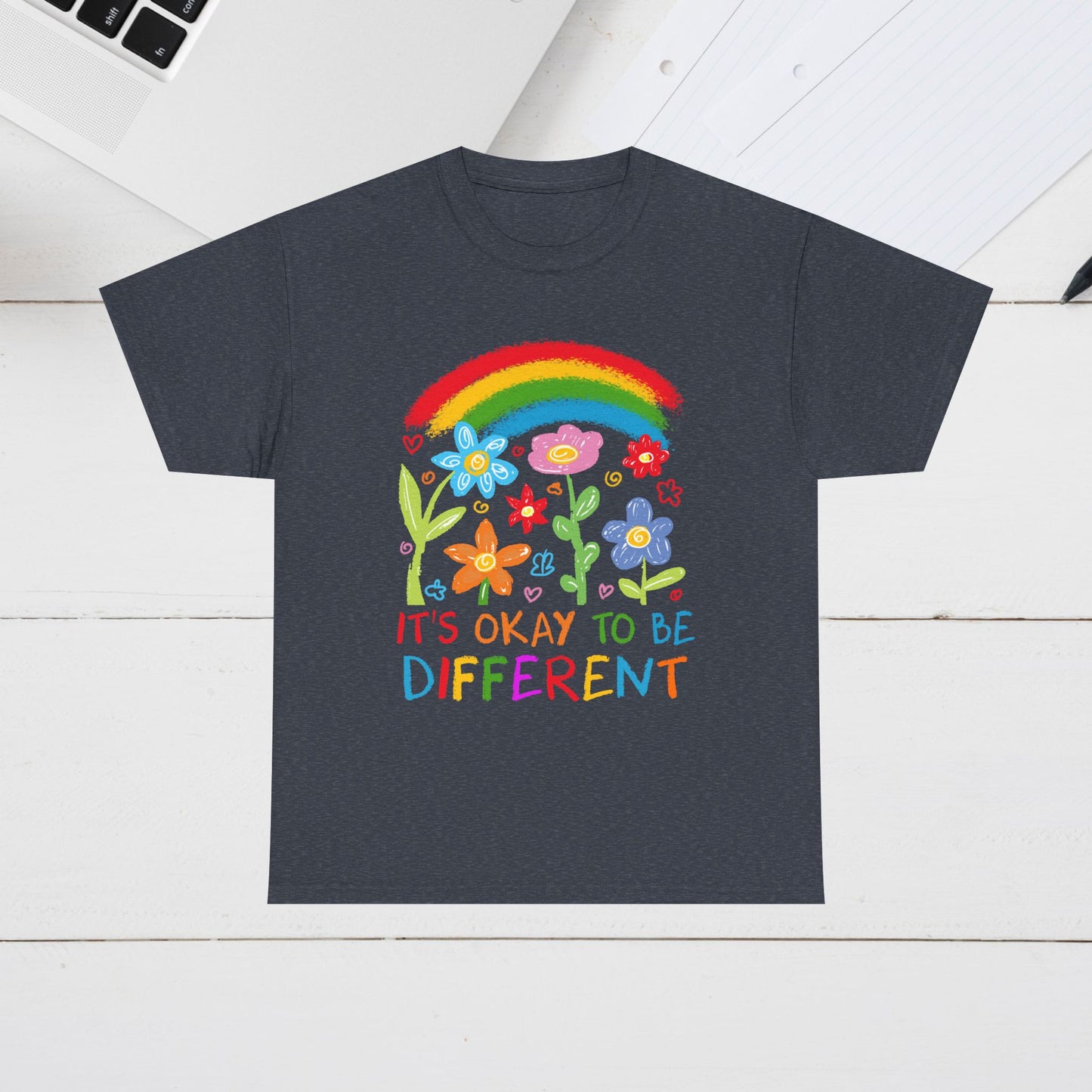 Unisex Heavy Cotton Tee - "It's Okay to Be Different" Rainbow Floral Design - Celebrate Individuality