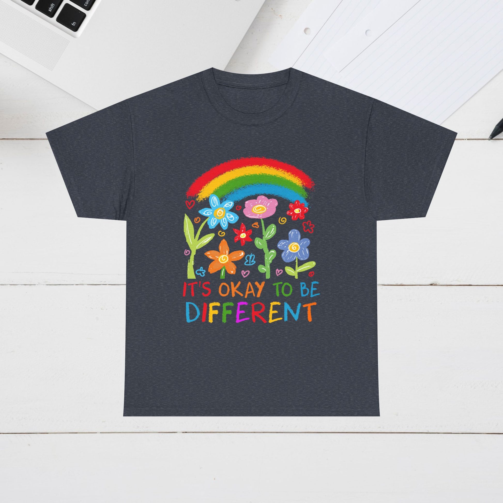 Unisex Heavy Cotton Tee - "It's Okay to Be Different" Rainbow Floral Design - Celebrate Individuality - GULLYDESIGN