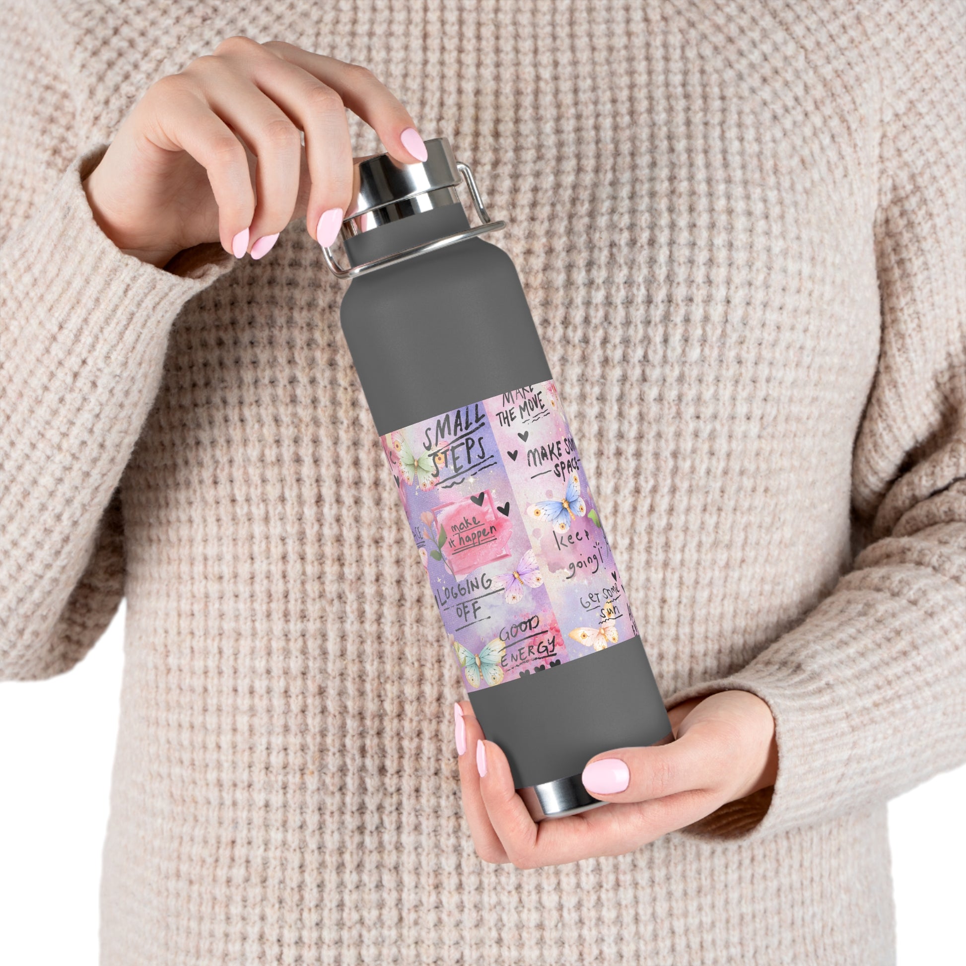 Inspirational Copper Insulated Water Bottle - 22oz - Motivational Quotes & Colorful Design - GULLYDESIGN