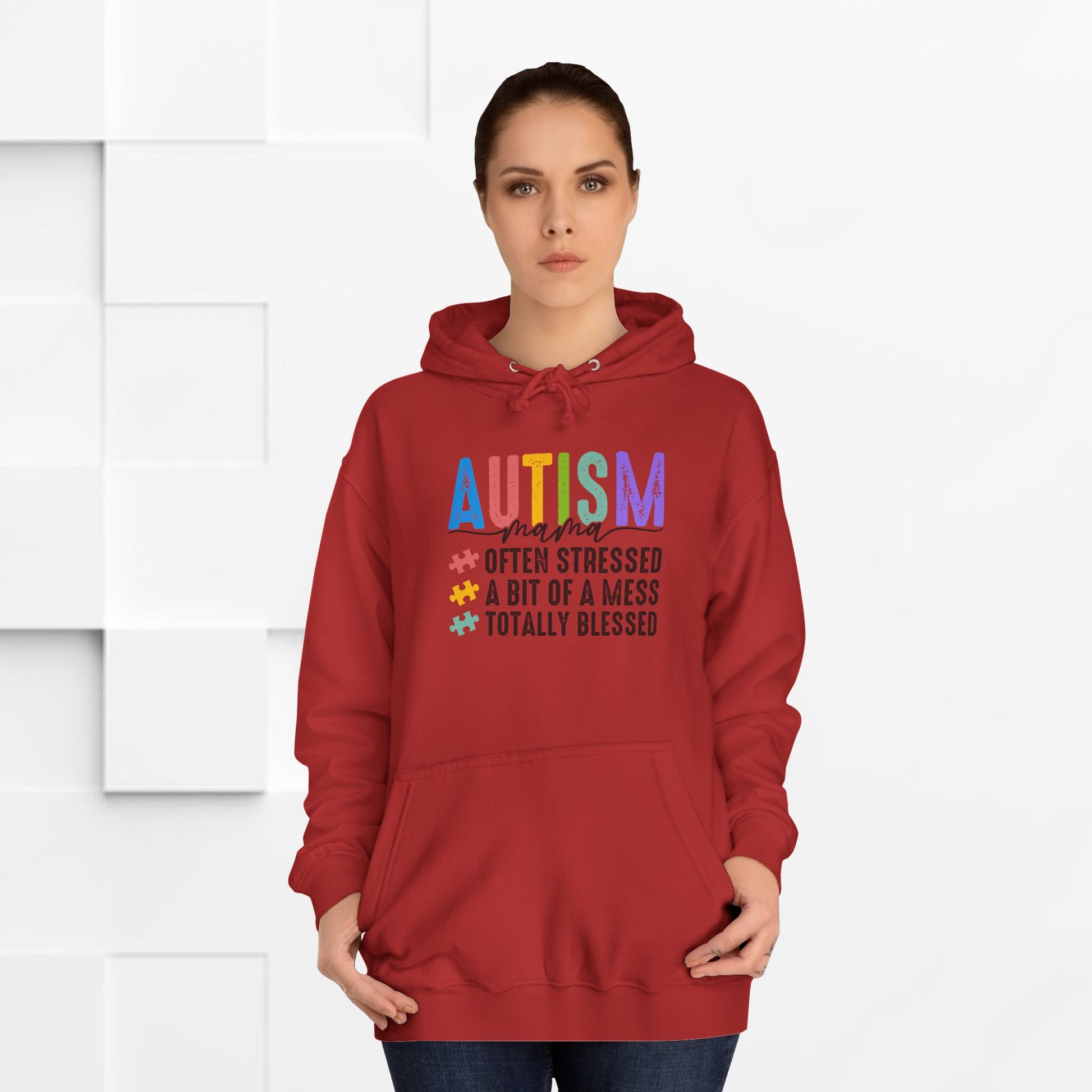 Unisex College Hoodie - Autism Awareness "Often Stressed, A Bit of a Mess, Totally Blessed" - GULLYDESIGN