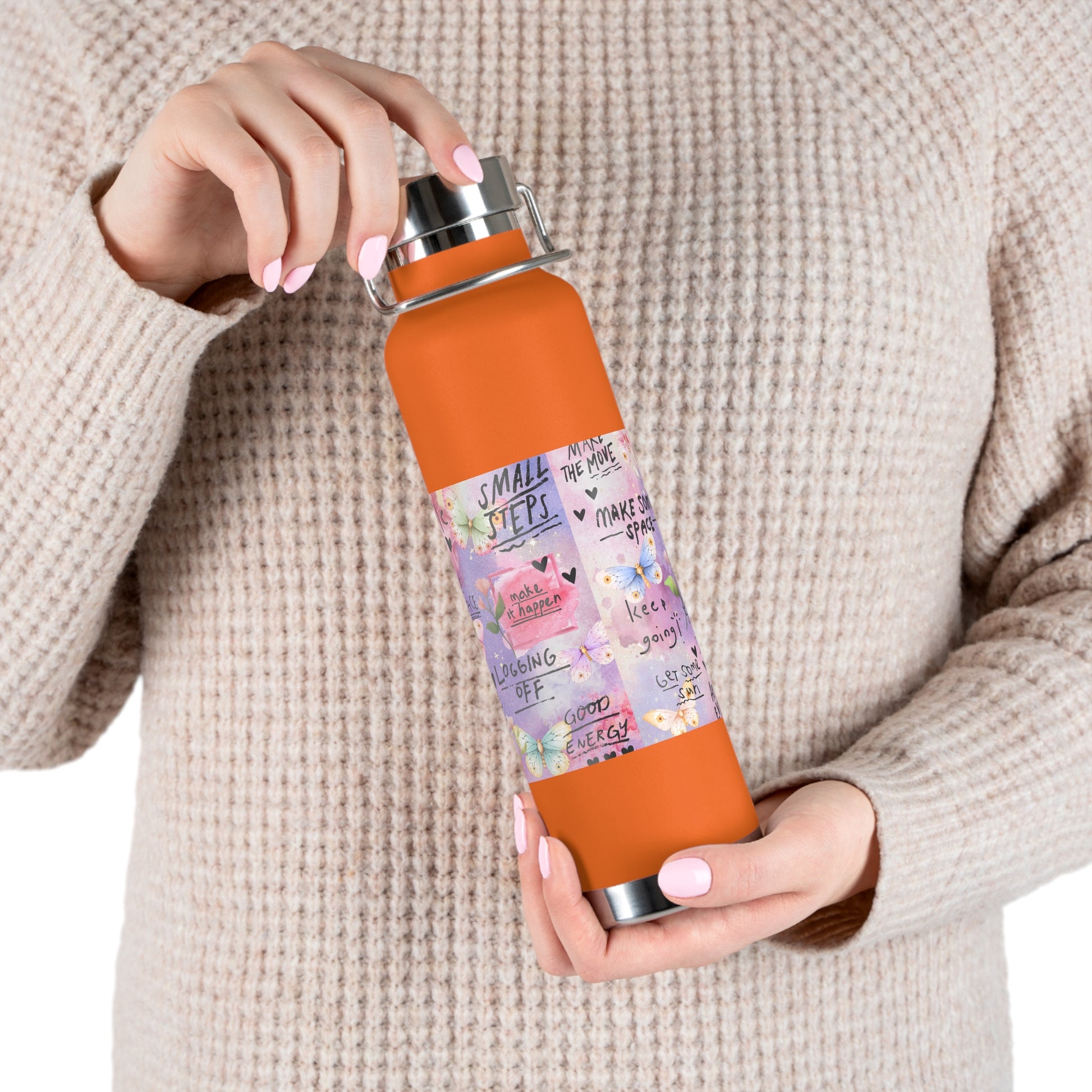 Inspirational Copper Insulated Water Bottle - 22oz - Motivational Quotes & Colorful Design - GULLYDESIGN