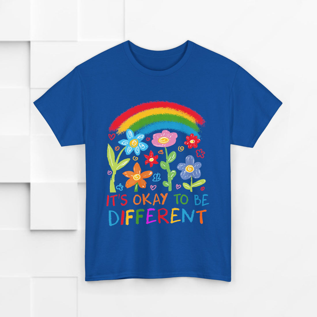 Unisex Heavy Cotton Tee - "It's Okay to Be Different" Rainbow Floral Design - Celebrate Individuality - GULLYDESIGN