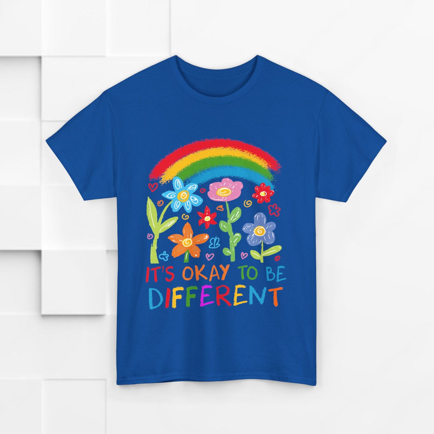 Unisex Heavy Cotton Tee - "It's Okay to Be Different" Rainbow Floral Design - Celebrate Individuality
