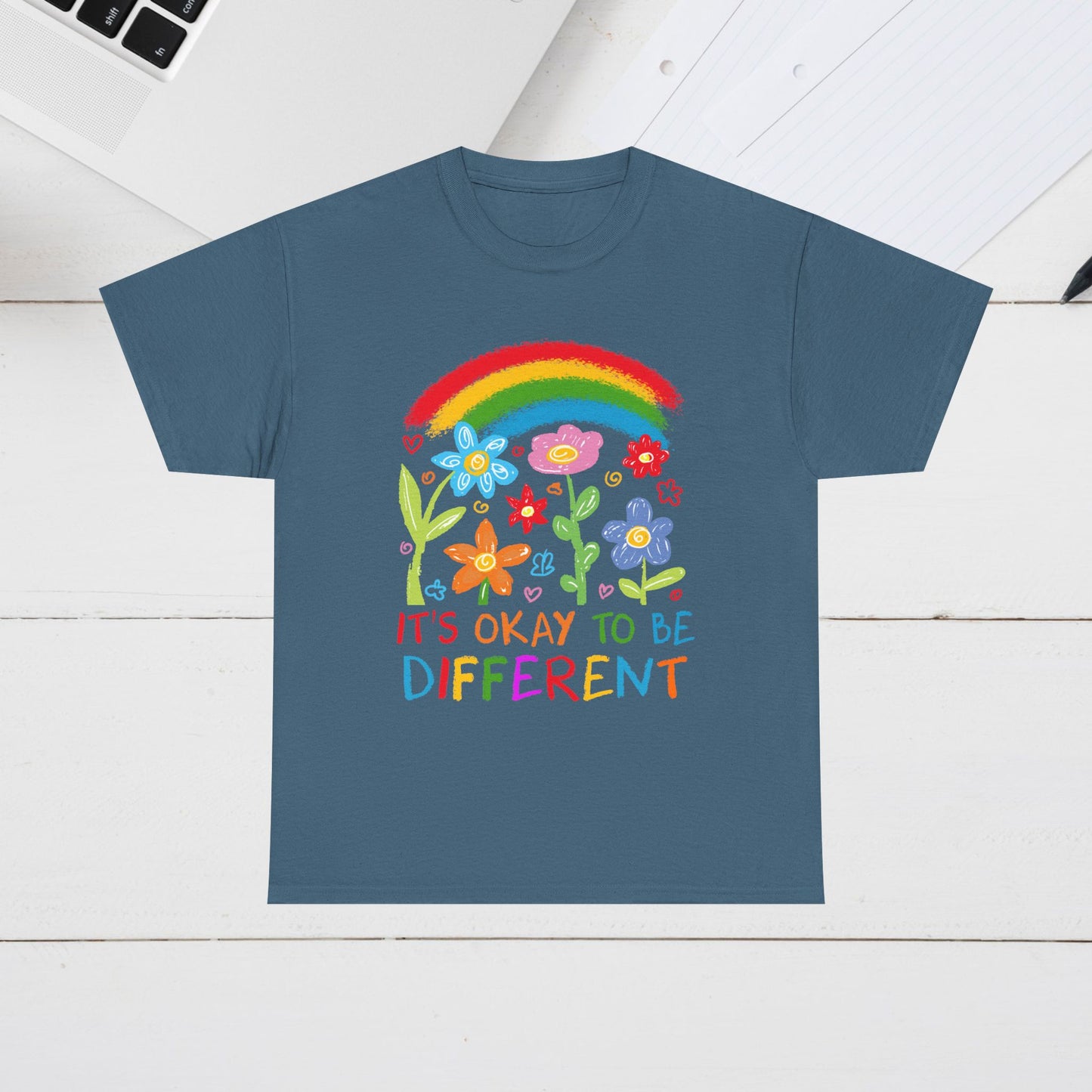 Unisex Heavy Cotton Tee - "It's Okay to Be Different" Rainbow Floral Design - Celebrate Individuality
