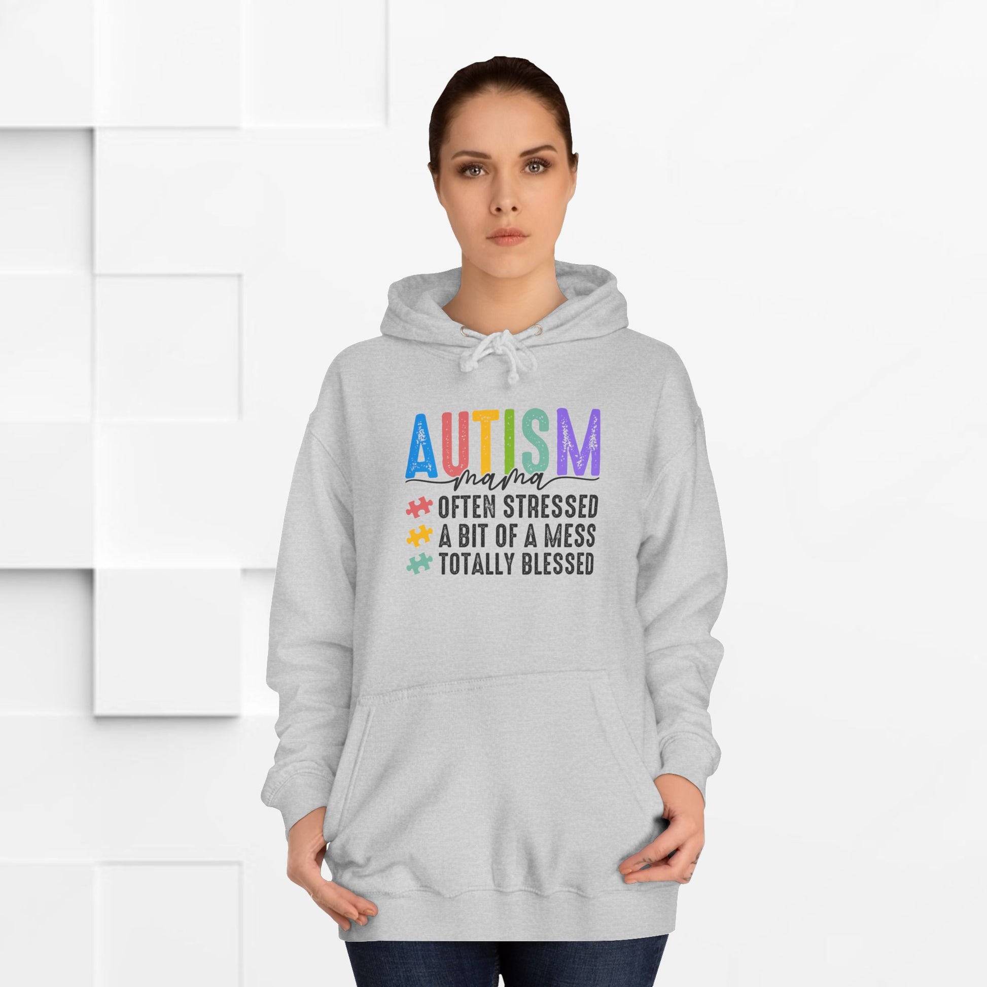 Unisex College Hoodie - Autism Awareness "Often Stressed, A Bit of a Mess, Totally Blessed" - GULLYDESIGN