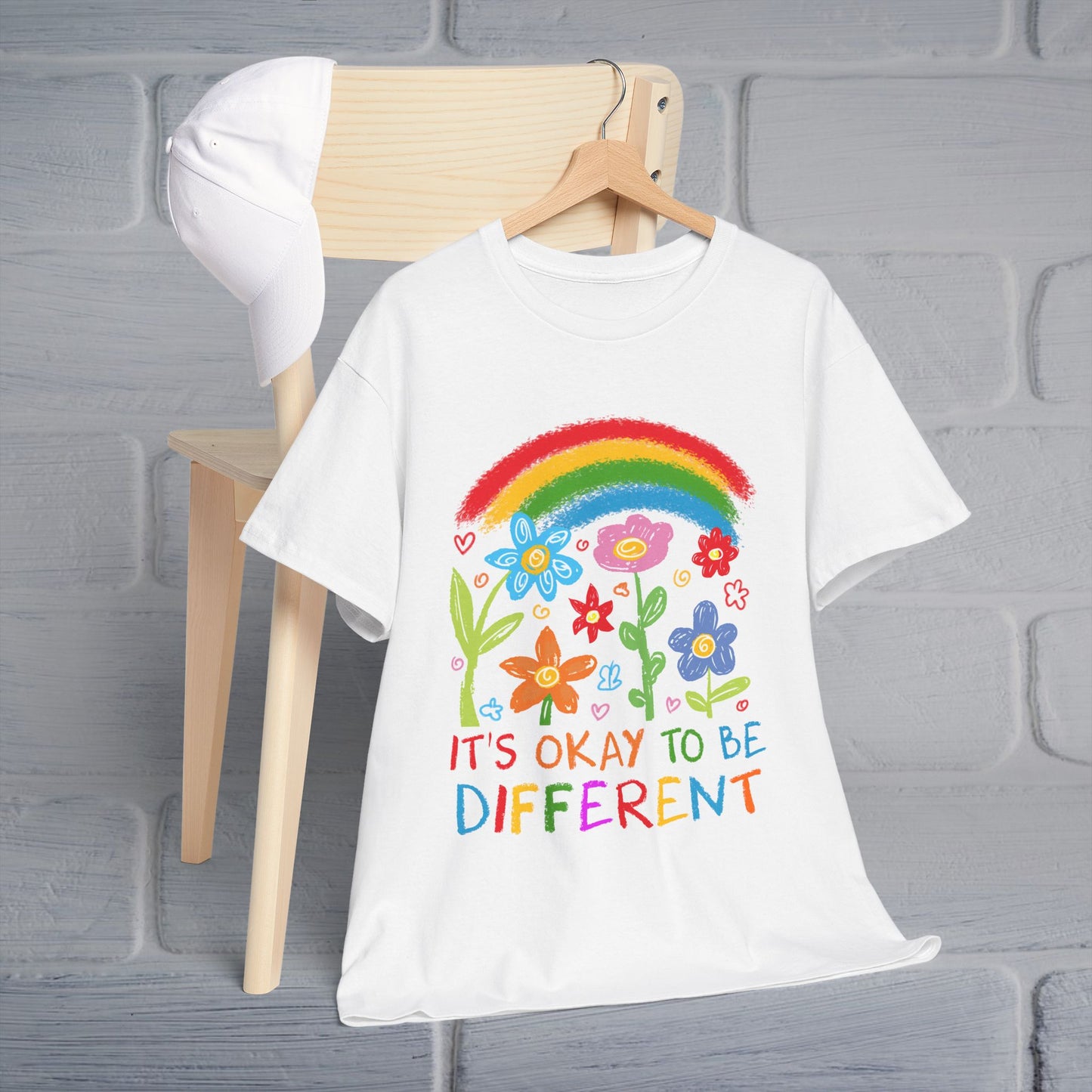 Unisex Heavy Cotton Tee - "It's Okay to Be Different" Rainbow Floral Design - Celebrate Individuality