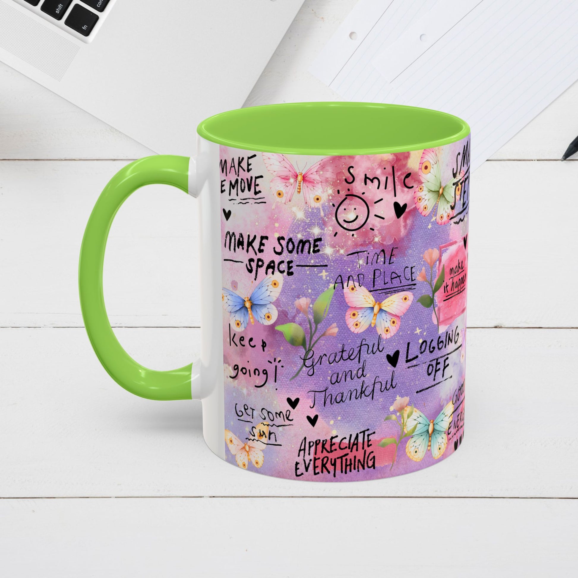 Inspirational Grateful and Thankful Butterfly Mug - Colorful 11oz & 15oz Coffee Cup with Motivational Quotes - GULLYDESIGN