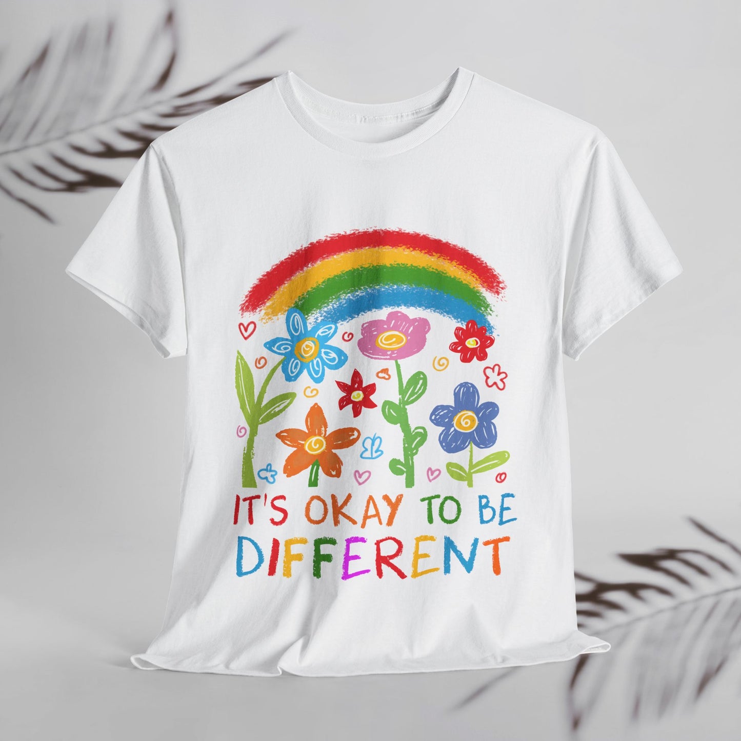 Unisex Heavy Cotton Tee - "It's Okay to Be Different" Rainbow Floral Design - Celebrate Individuality