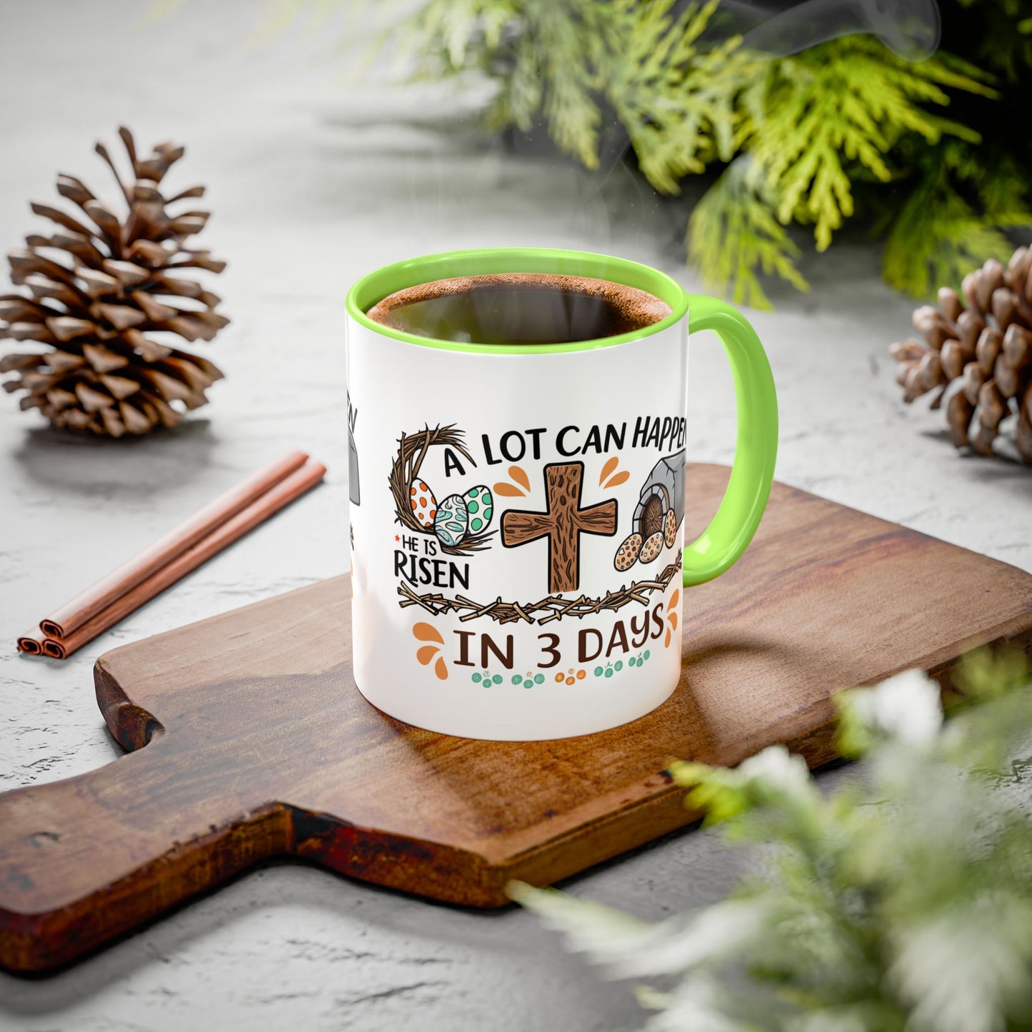 Inspirational Easter Mug - "A Lot Can Happen in 3 Days" - Colorful 11oz & 15oz Coffee Cup - GULLYDESIGN