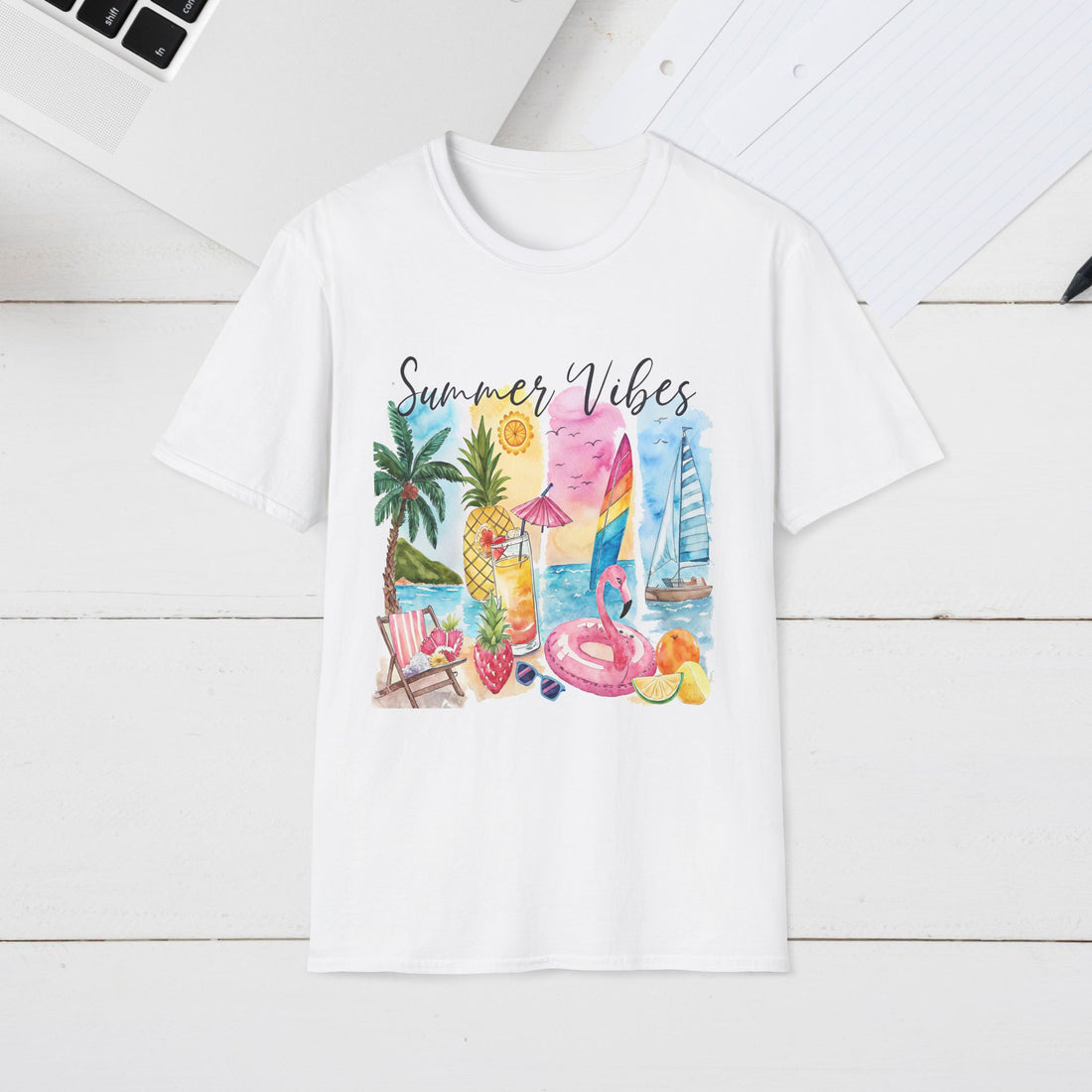 Summer Vibes Unisex Softstyle T-Shirt, Beachwear, Vacation Tee, Gift for Her, Palm Tree Shirt, Casual Summer Apparel