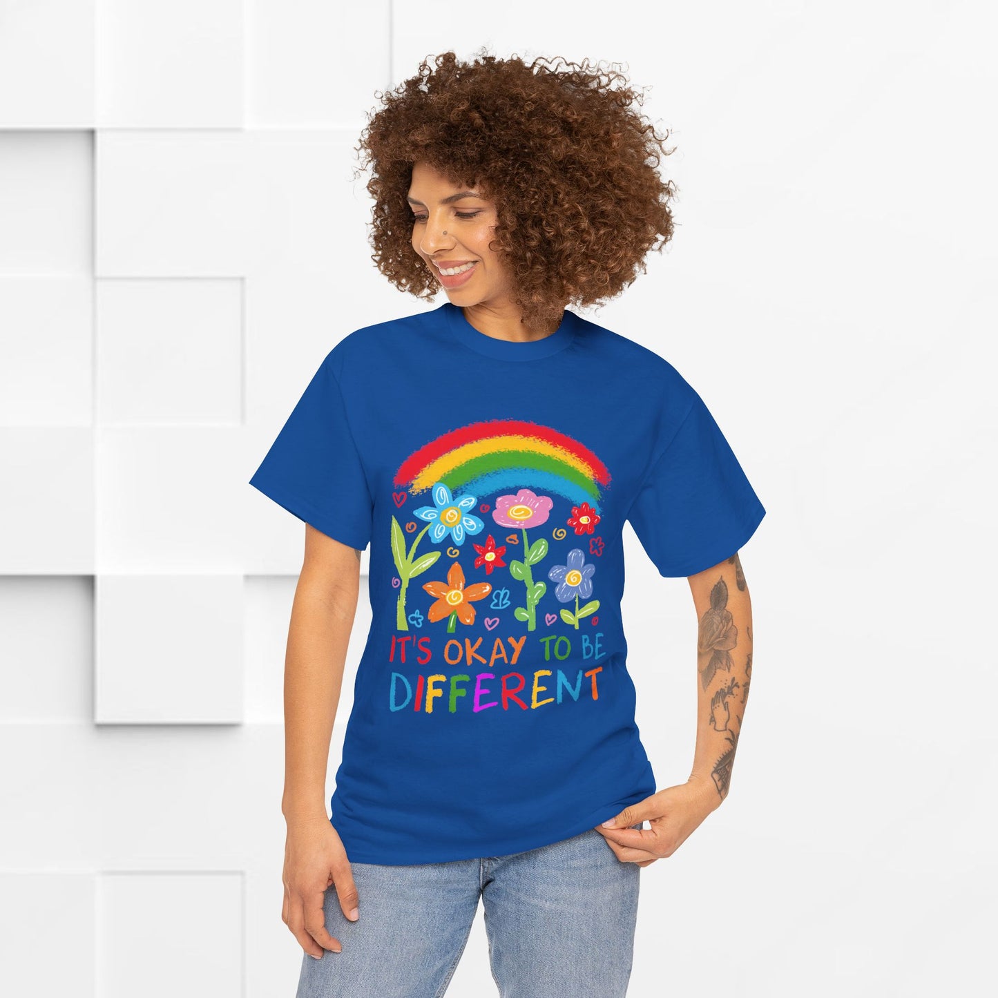 Unisex Heavy Cotton Tee - "It's Okay to Be Different" Rainbow Floral Design - Celebrate Individuality