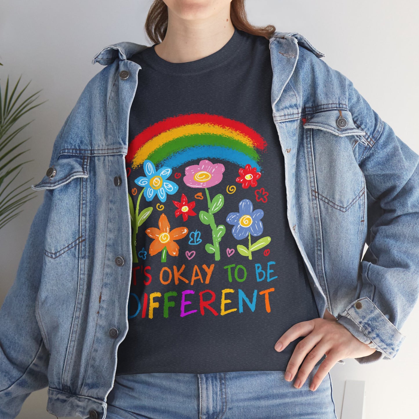 Unisex Heavy Cotton Tee - "It's Okay to Be Different" Rainbow Floral Design - Celebrate Individuality