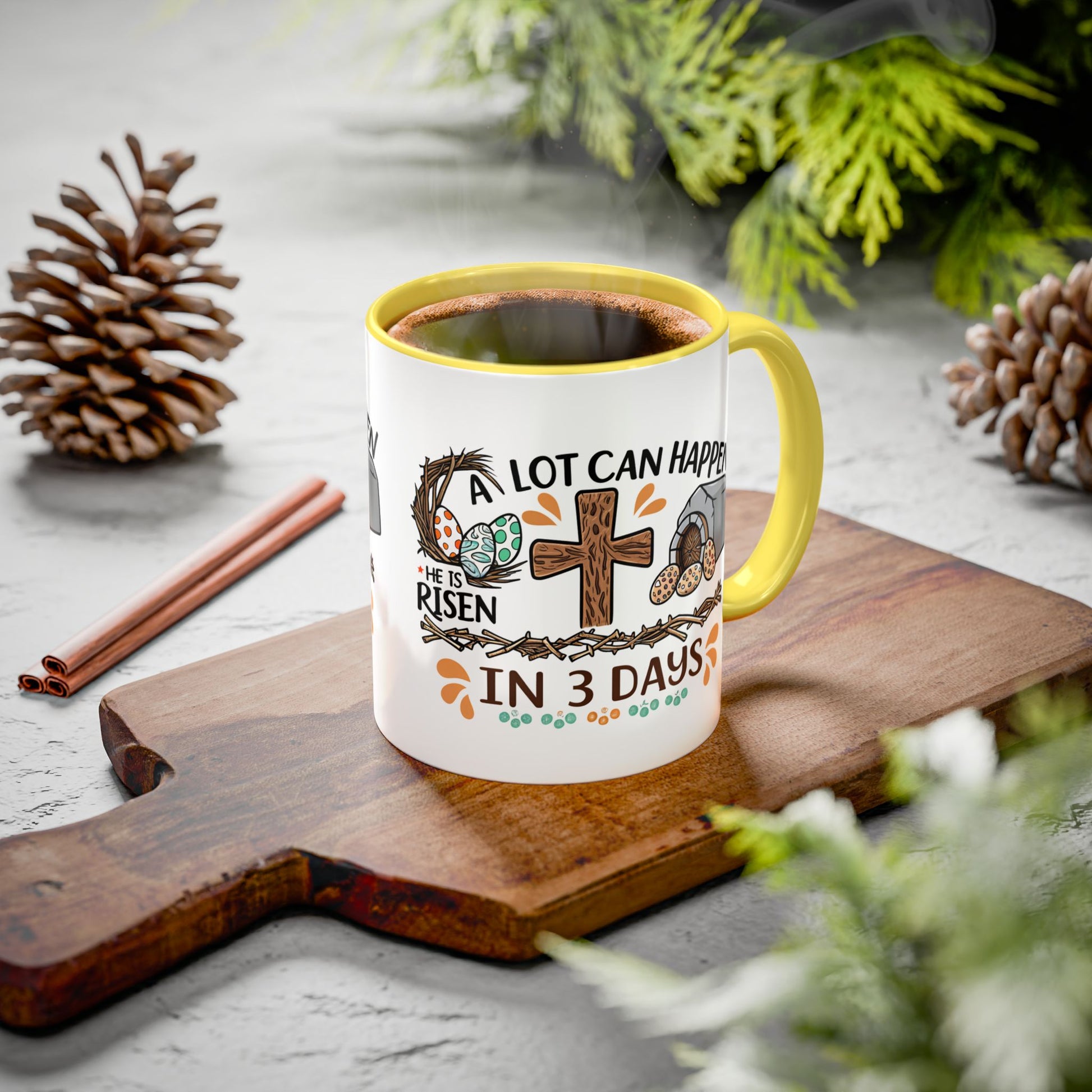 Inspirational Easter Mug - "A Lot Can Happen in 3 Days" - Colorful 11oz & 15oz Coffee Cup - GULLYDESIGN