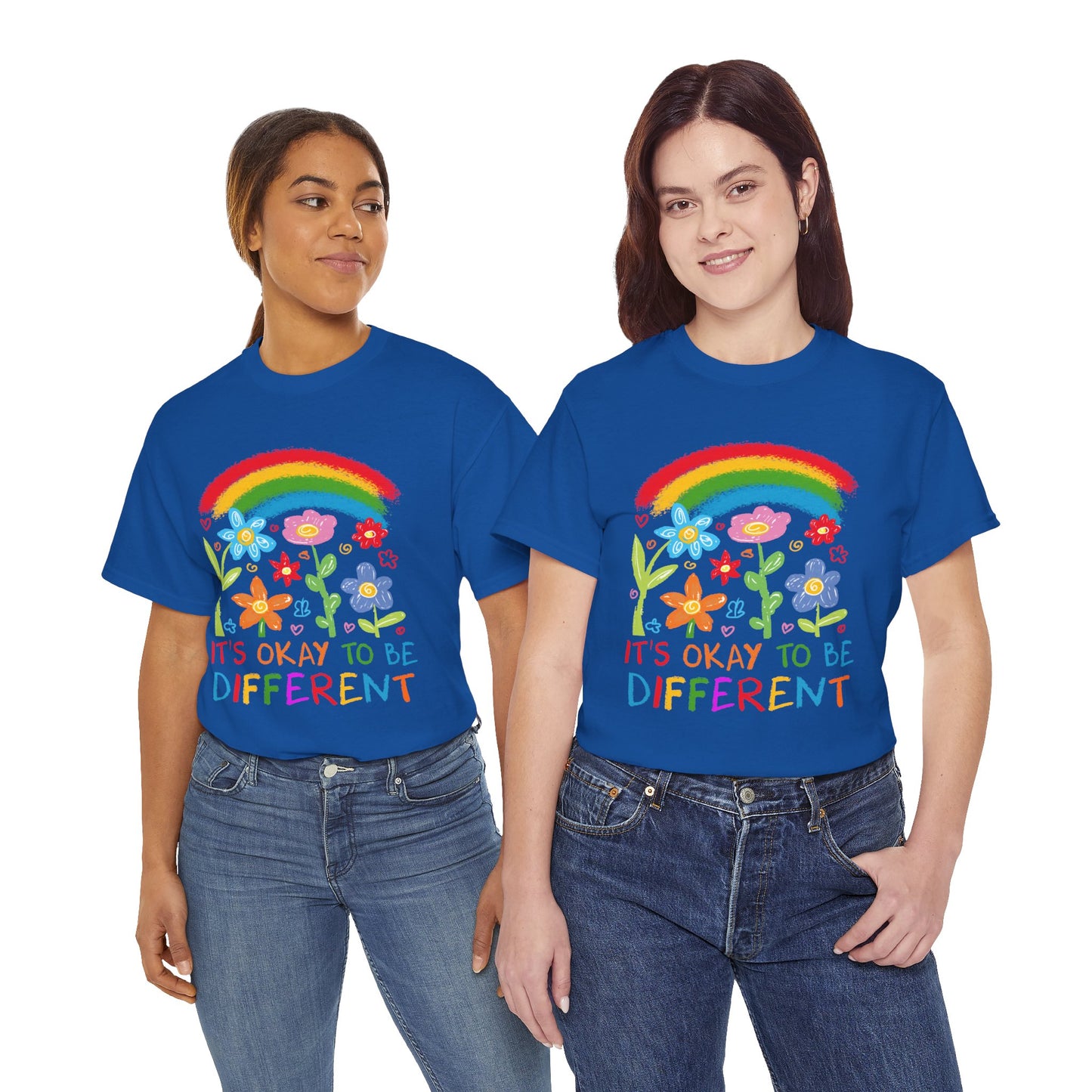 Unisex Heavy Cotton Tee - "It's Okay to Be Different" Rainbow Floral Design - Celebrate Individuality