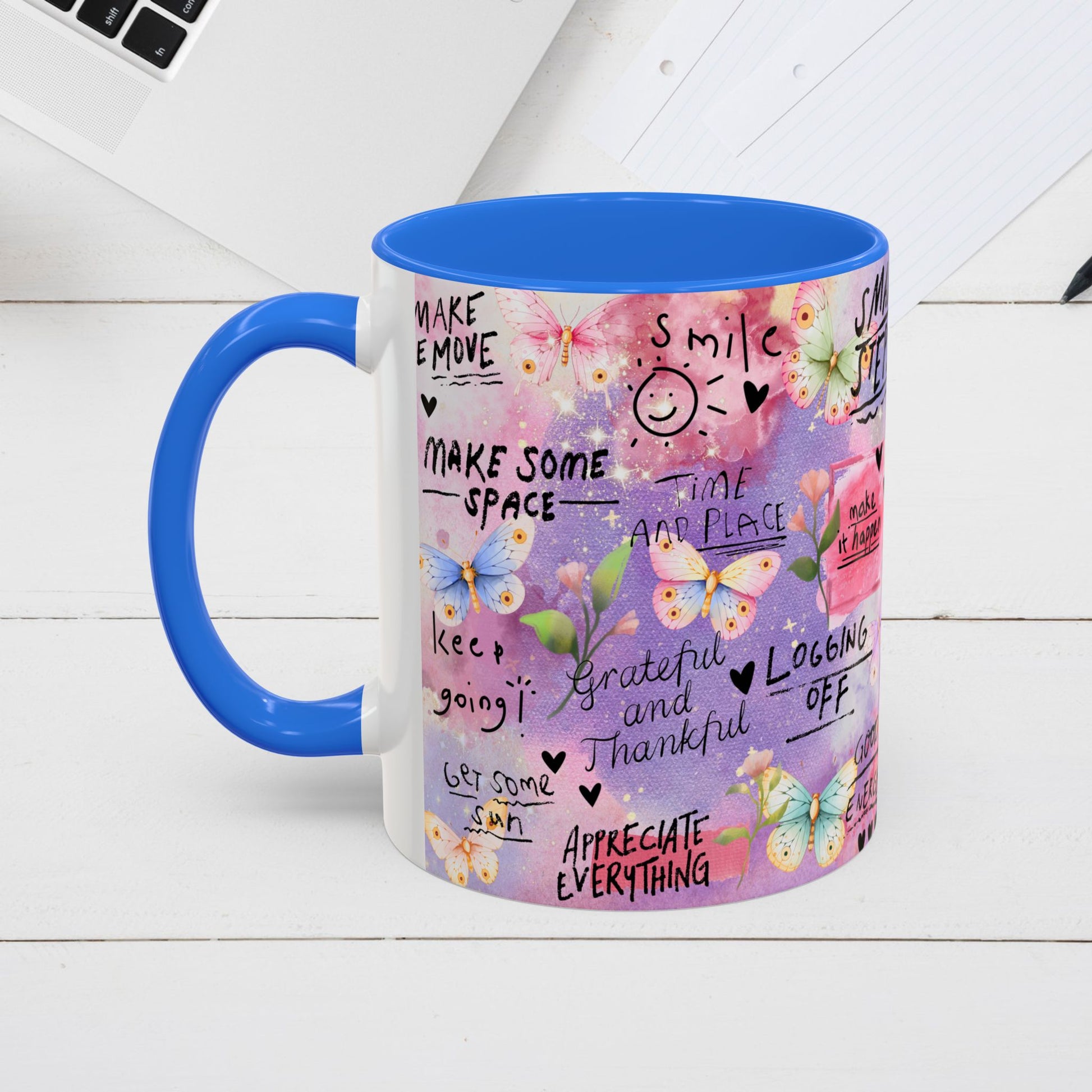 Inspirational Grateful and Thankful Butterfly Mug - Colorful 11oz & 15oz Coffee Cup with Motivational Quotes - GULLYDESIGN