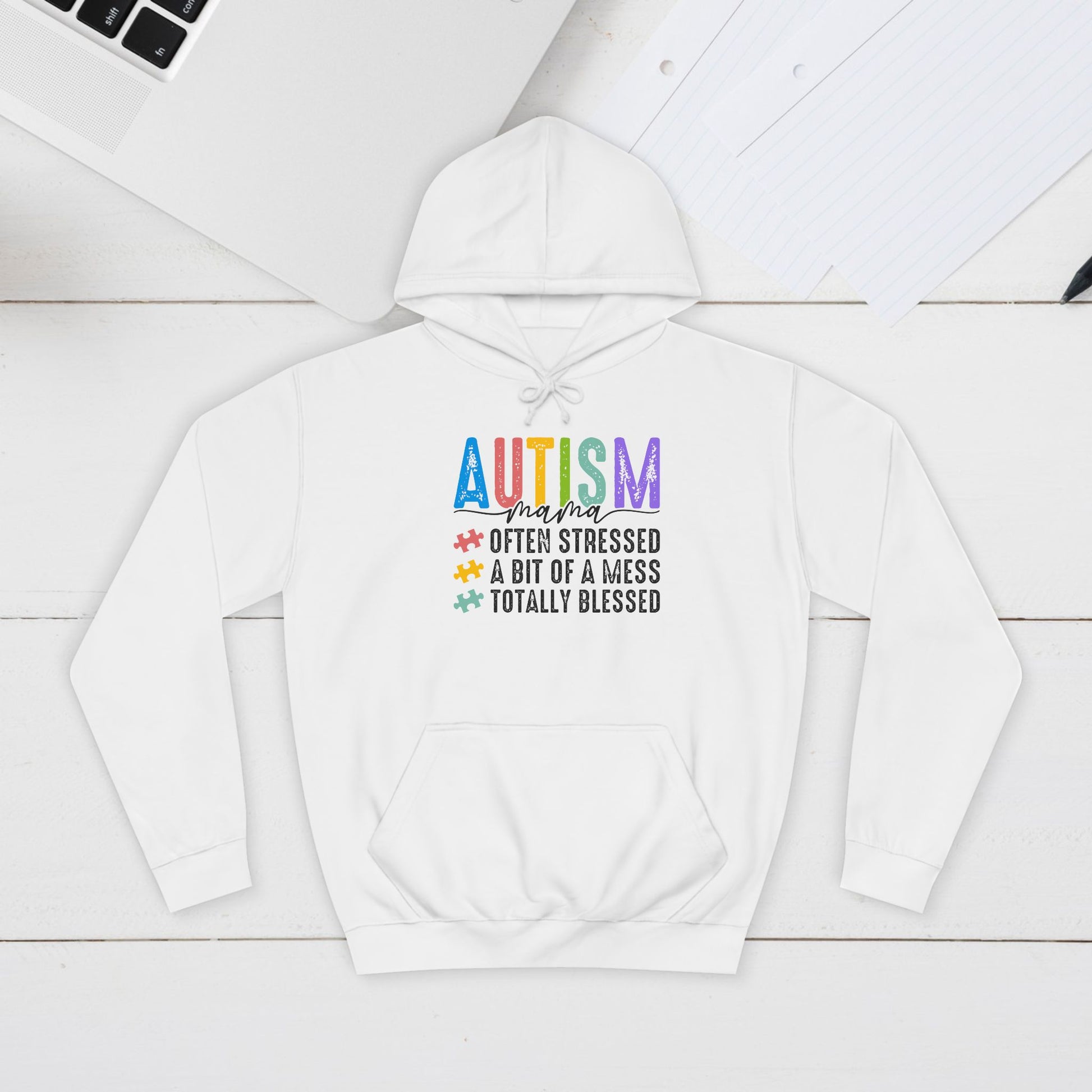 Unisex College Hoodie - Autism Awareness "Often Stressed, A Bit of a Mess, Totally Blessed" - GULLYDESIGN