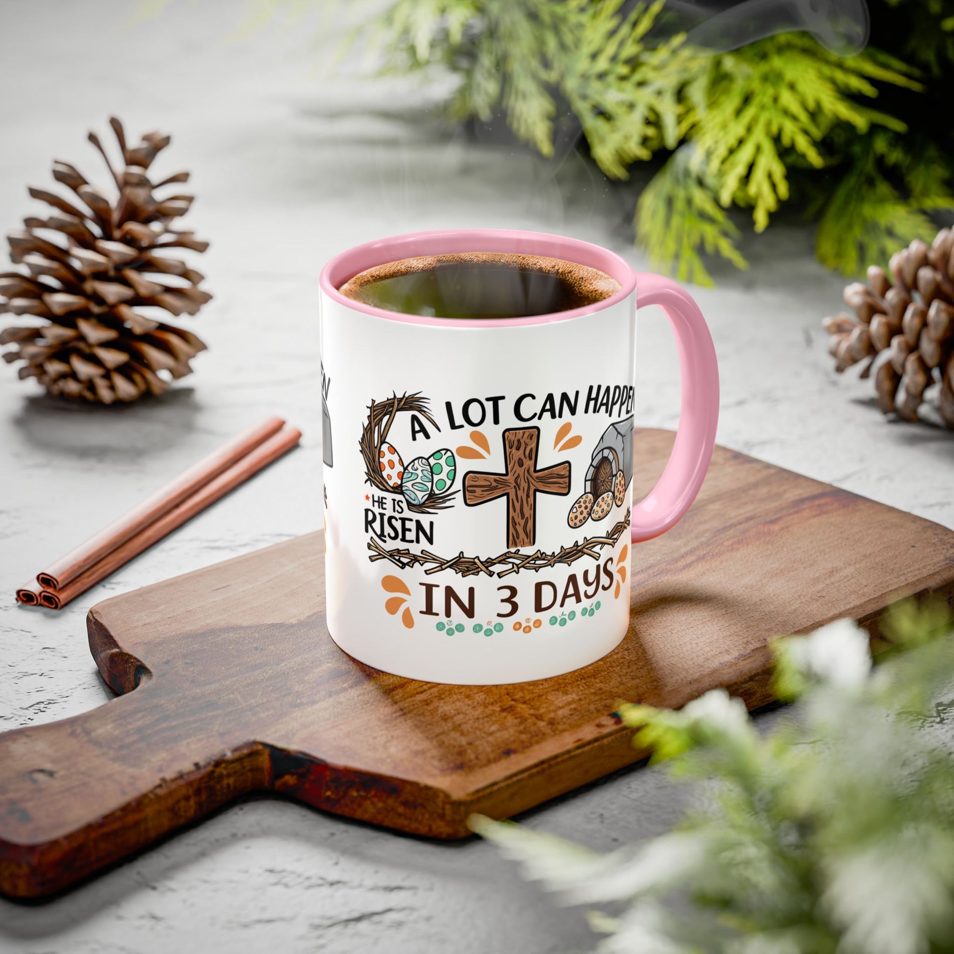 Inspirational Easter Mug - "A Lot Can Happen in 3 Days" - Colorful 11oz & 15oz Coffee Cup - GULLYDESIGN