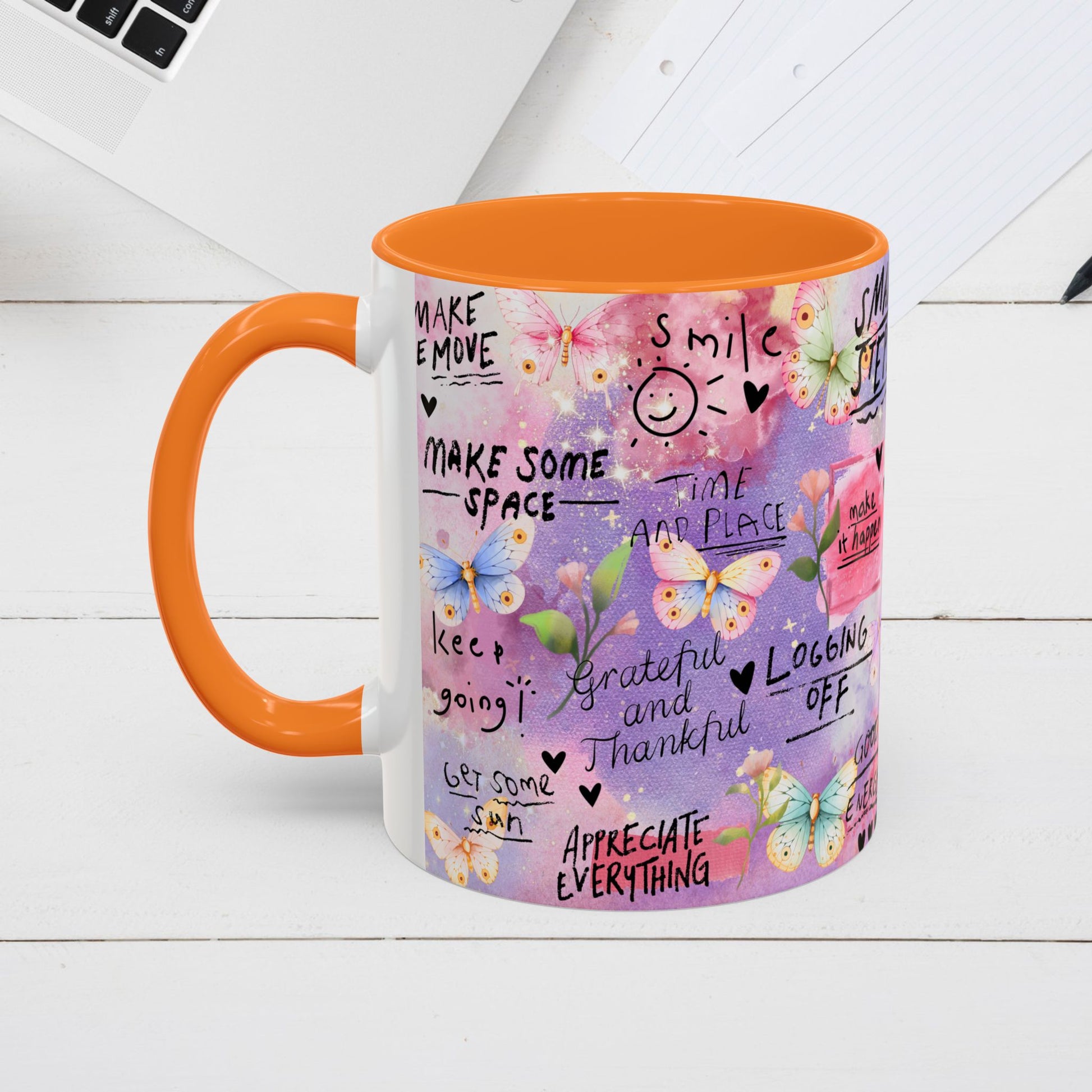 Inspirational Grateful and Thankful Butterfly Mug - Colorful 11oz & 15oz Coffee Cup with Motivational Quotes - GULLYDESIGN