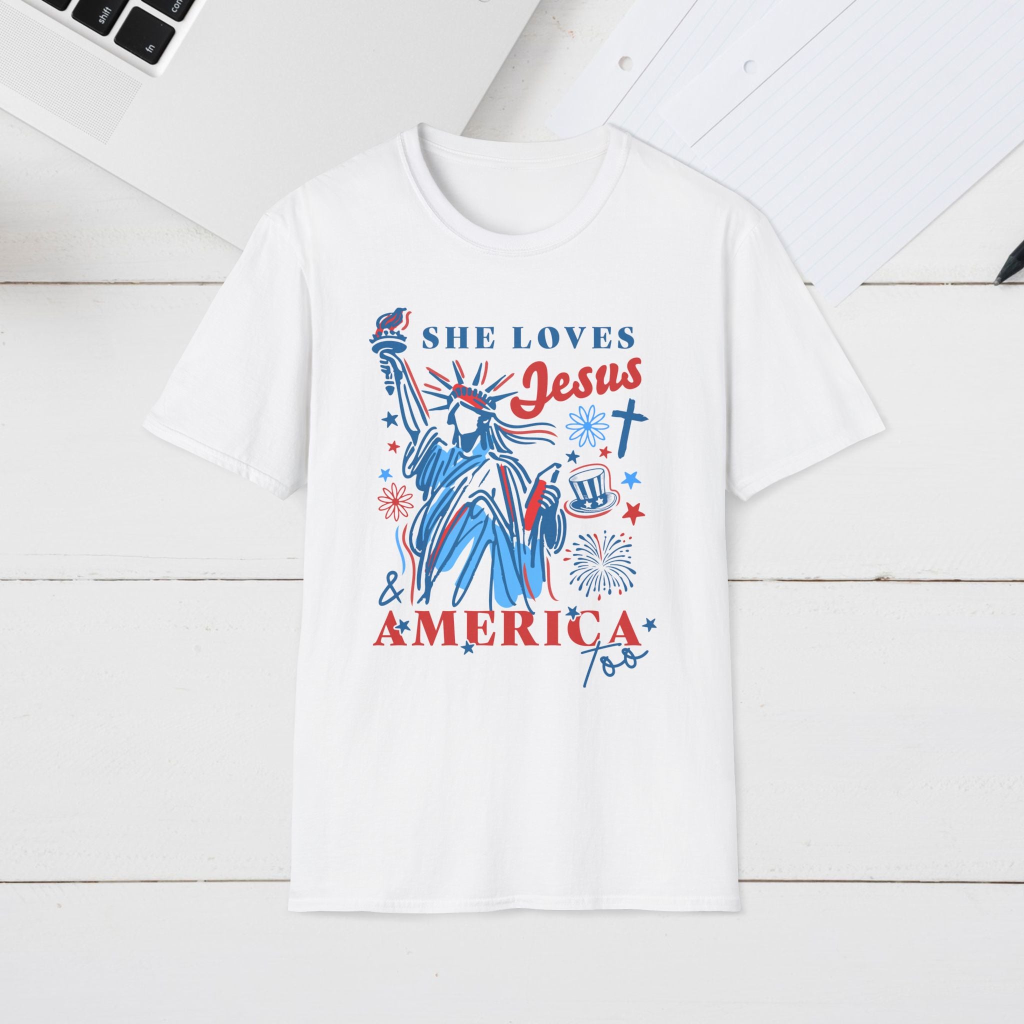 She Loves Jesus & America Unisex Softstyle T-Shirt - Patriotic Graphic Tee