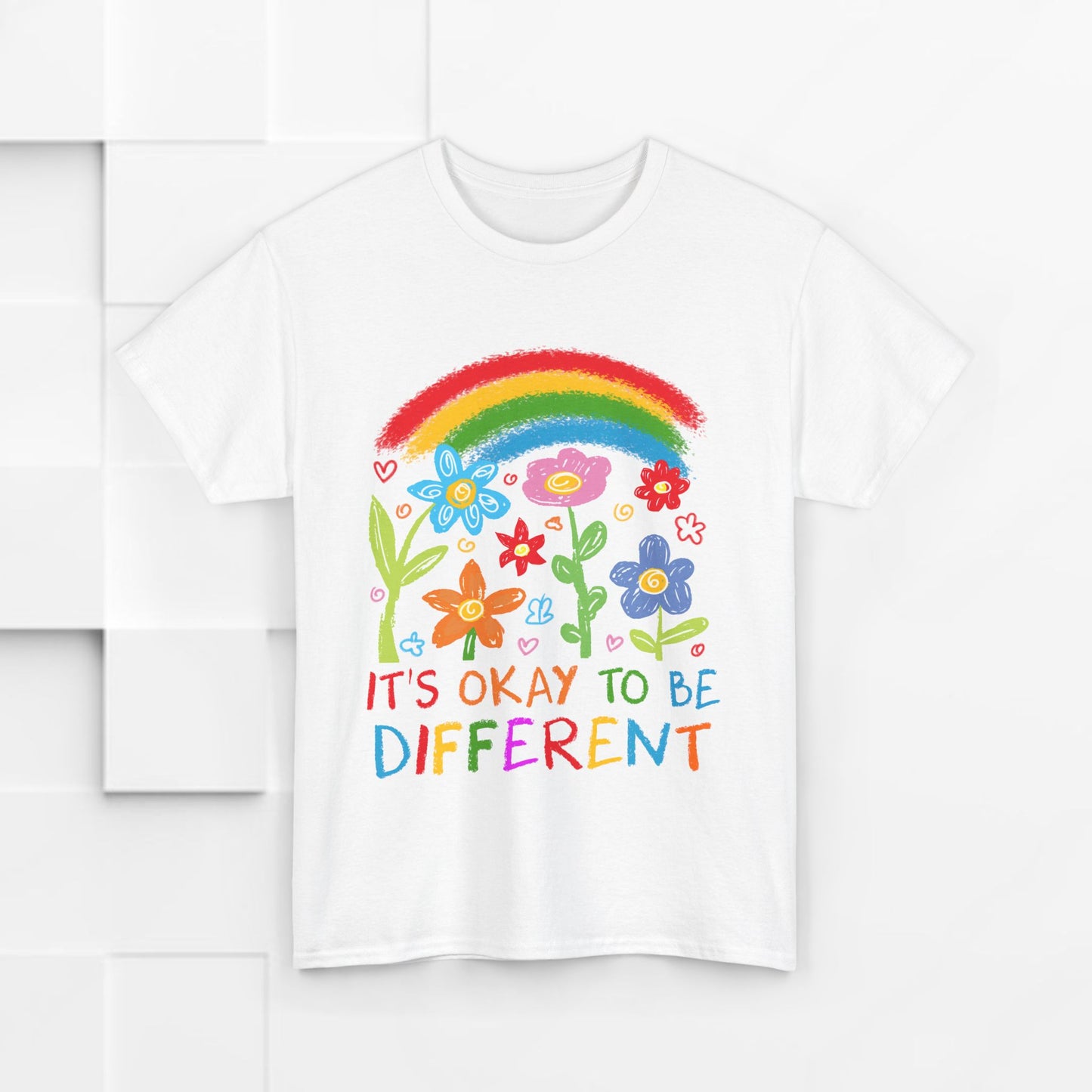 Unisex Heavy Cotton Tee - "It's Okay to Be Different" Rainbow Floral Design - Celebrate Individuality