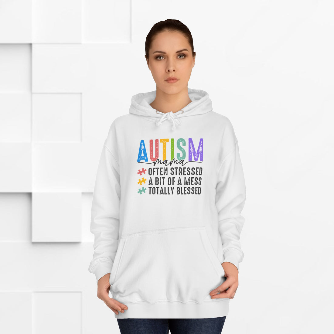 Unisex College Hoodie - Autism Awareness "Often Stressed, A Bit of a Mess, Totally Blessed" - GULLYDESIGN
