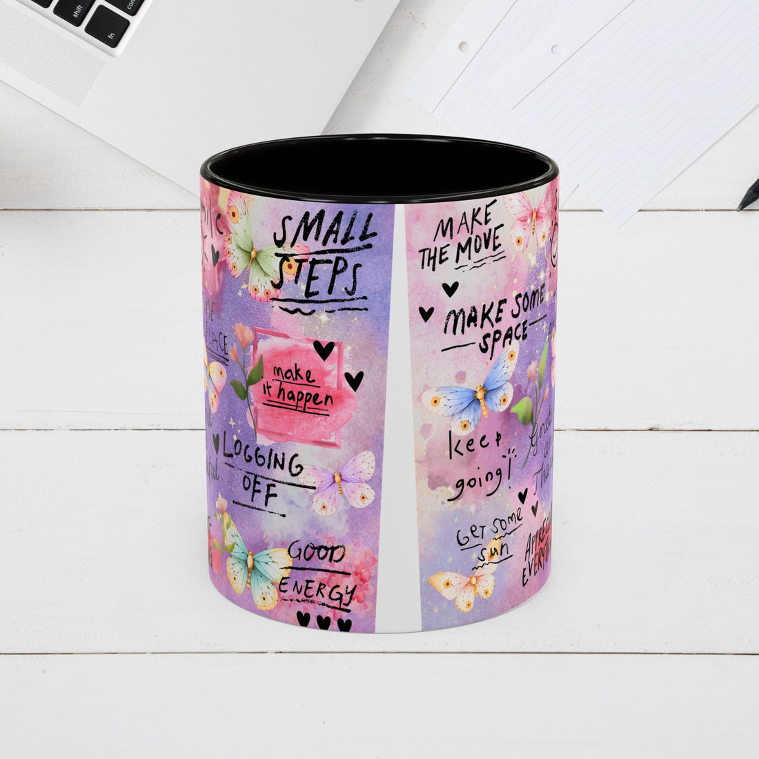 Inspirational Grateful and Thankful Butterfly Mug - Colorful 11oz & 15oz Coffee Cup with Motivational Quotes - GULLYDESIGN