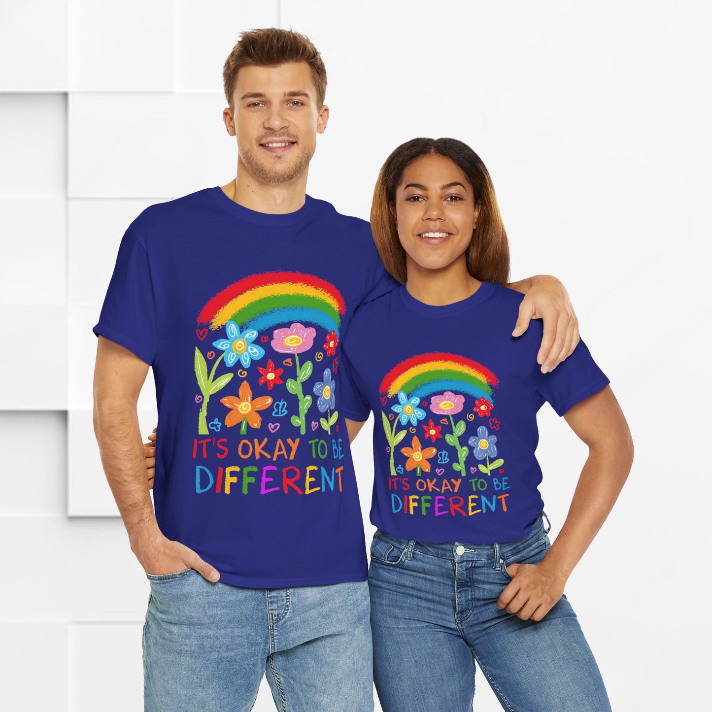 Unisex Heavy Cotton Tee - "It's Okay to Be Different" Rainbow Floral Design - Celebrate Individuality
