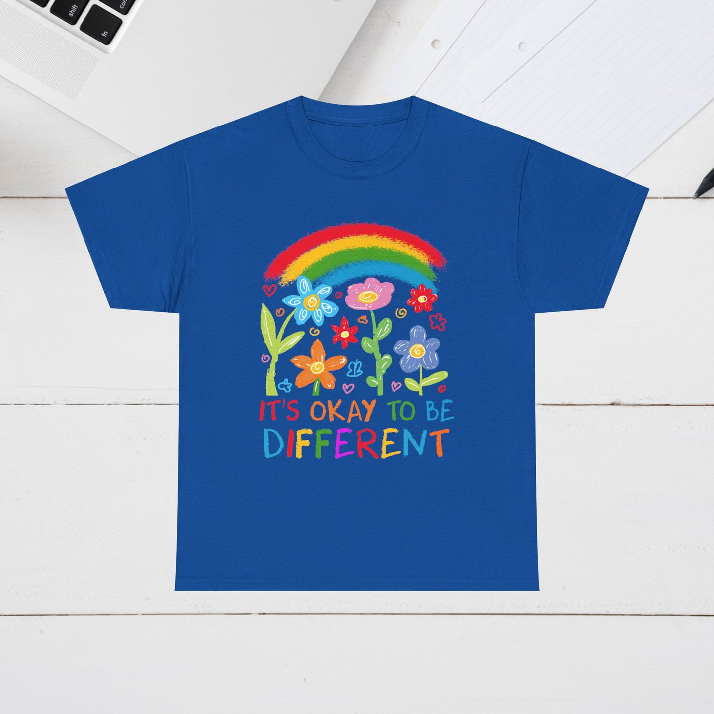 Unisex Heavy Cotton Tee - "It's Okay to Be Different" Rainbow Floral Design - Celebrate Individuality