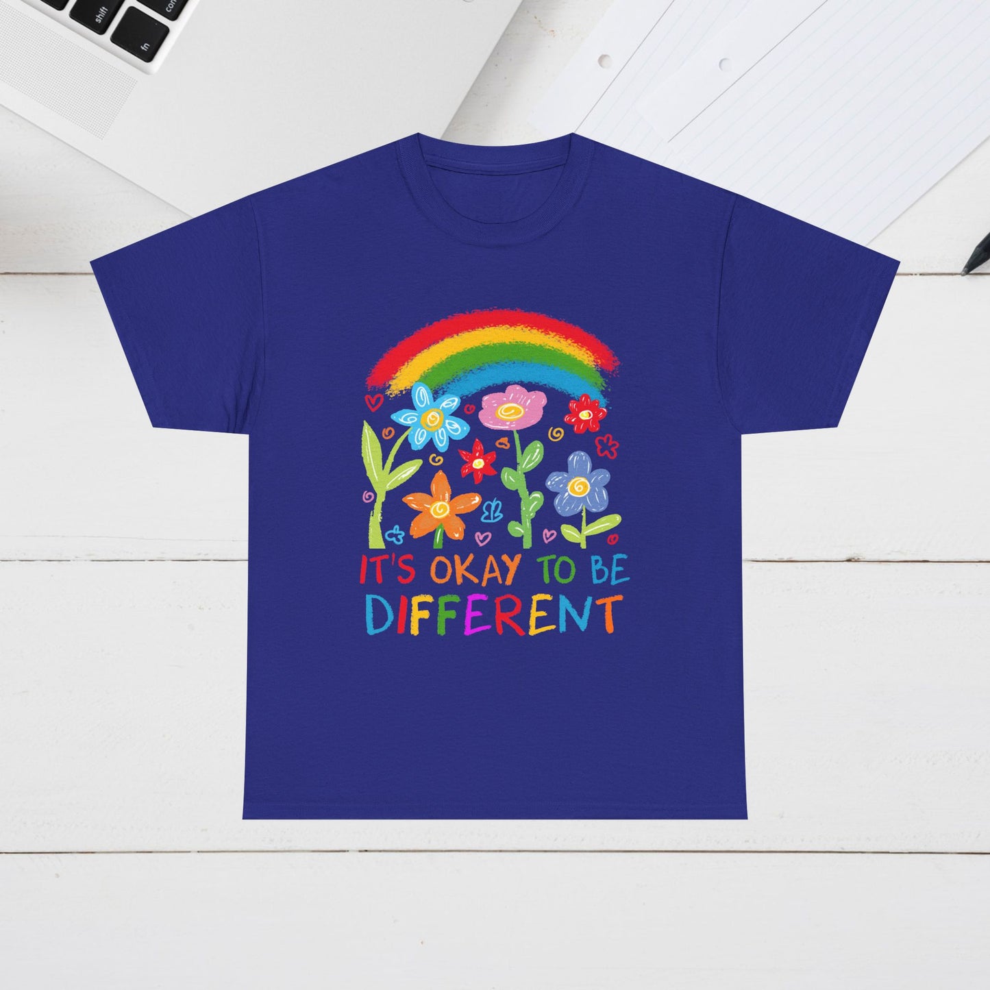 Unisex Heavy Cotton Tee - "It's Okay to Be Different" Rainbow Floral Design - Celebrate Individuality