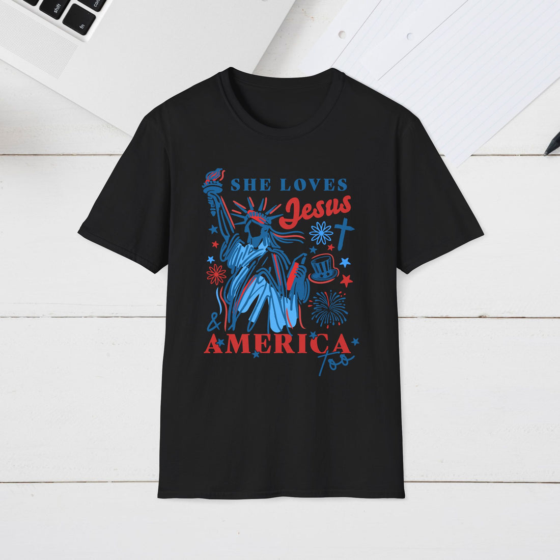 She Loves Jesus & America Unisex Softstyle T-Shirt - Patriotic Graphic Tee