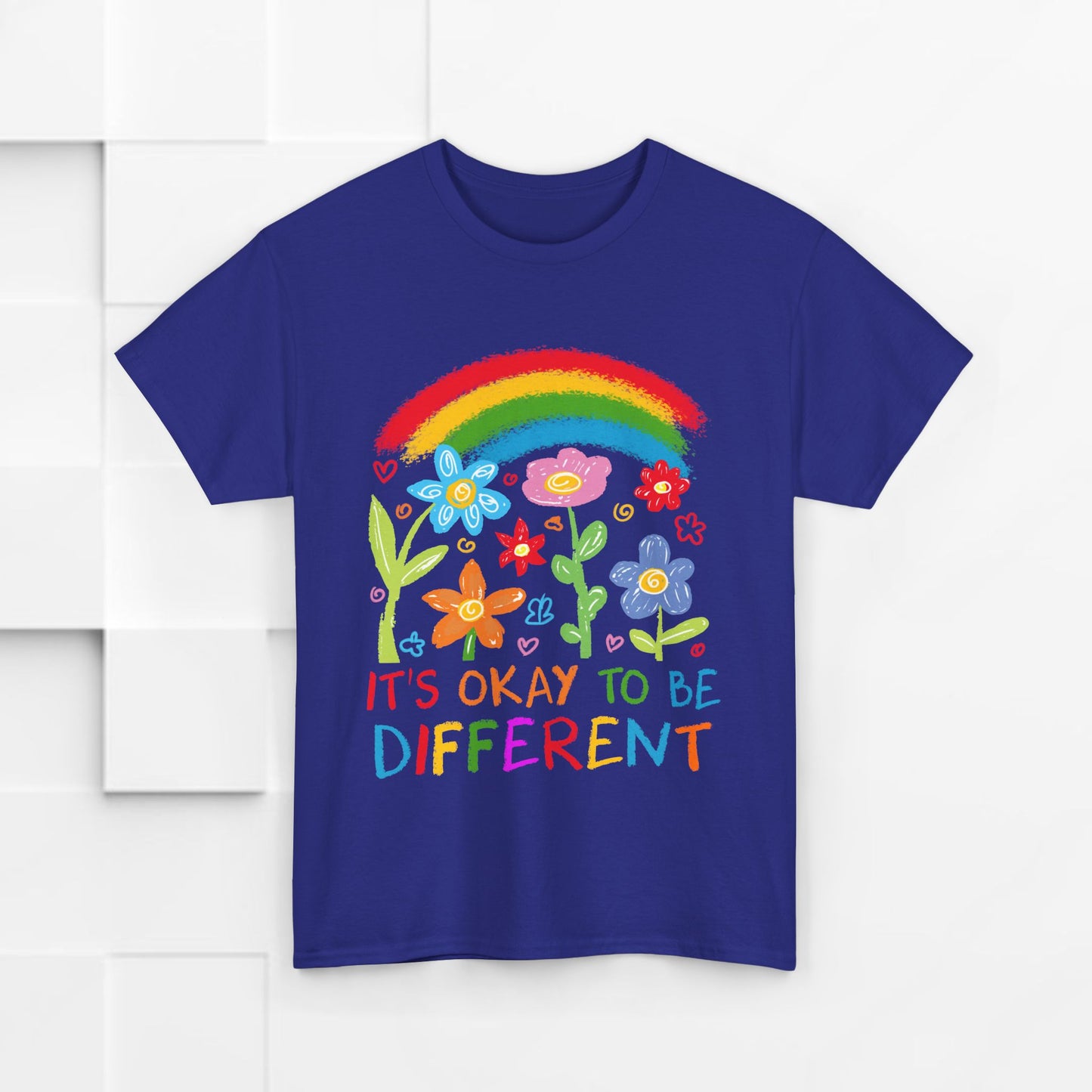 Unisex Heavy Cotton Tee - "It's Okay to Be Different" Rainbow Floral Design - Celebrate Individuality