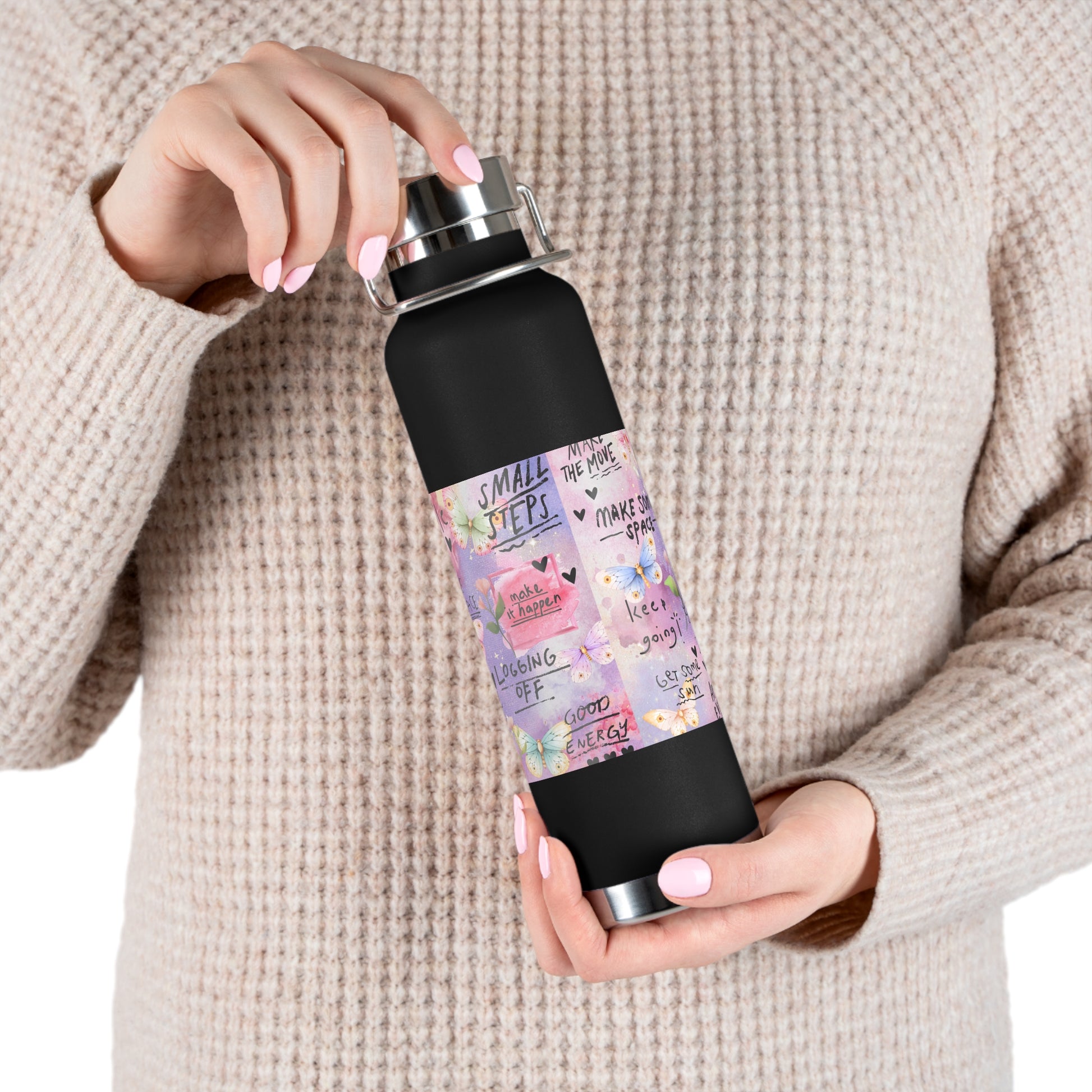 Inspirational Copper Insulated Water Bottle - 22oz - Motivational Quotes & Colorful Design - GULLYDESIGN