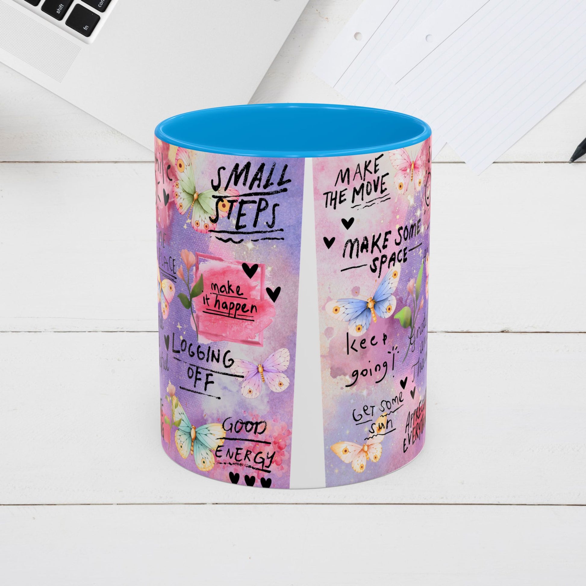 Inspirational Grateful and Thankful Butterfly Mug - Colorful 11oz & 15oz Coffee Cup with Motivational Quotes - GULLYDESIGN