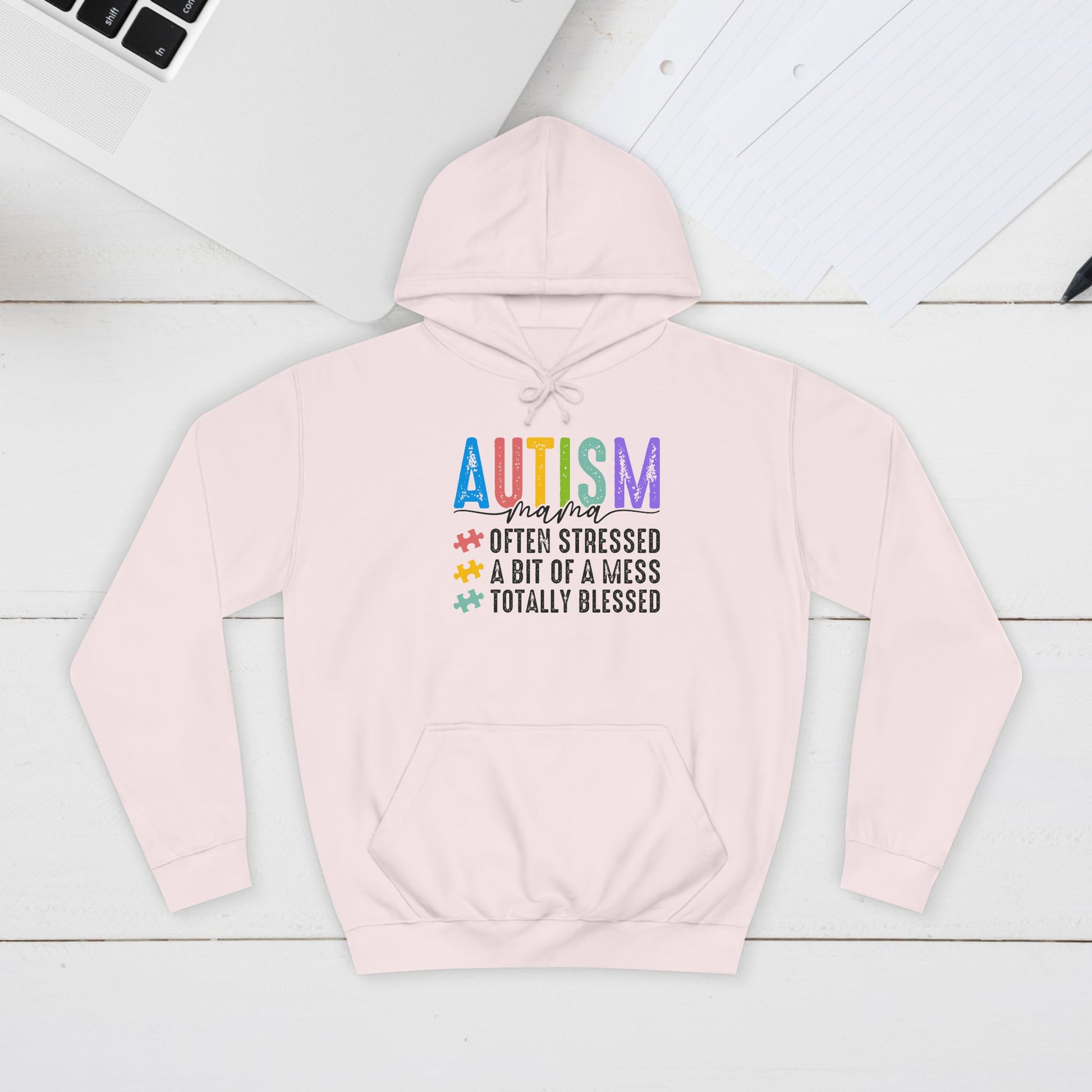 Unisex College Hoodie - Autism Awareness "Often Stressed, A Bit of a Mess, Totally Blessed" - GULLYDESIGN