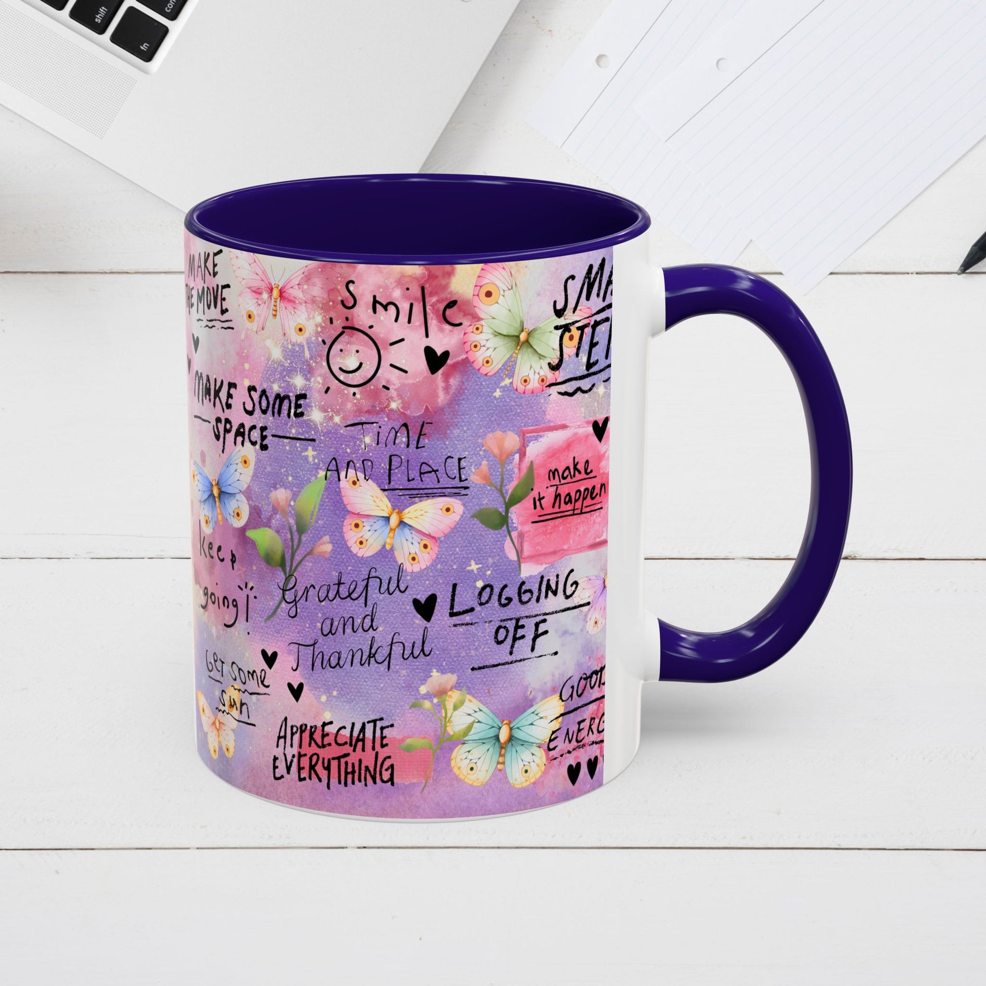 Inspirational Grateful and Thankful Butterfly Mug - Colorful 11oz & 15oz Coffee Cup with Motivational Quotes - GULLYDESIGN