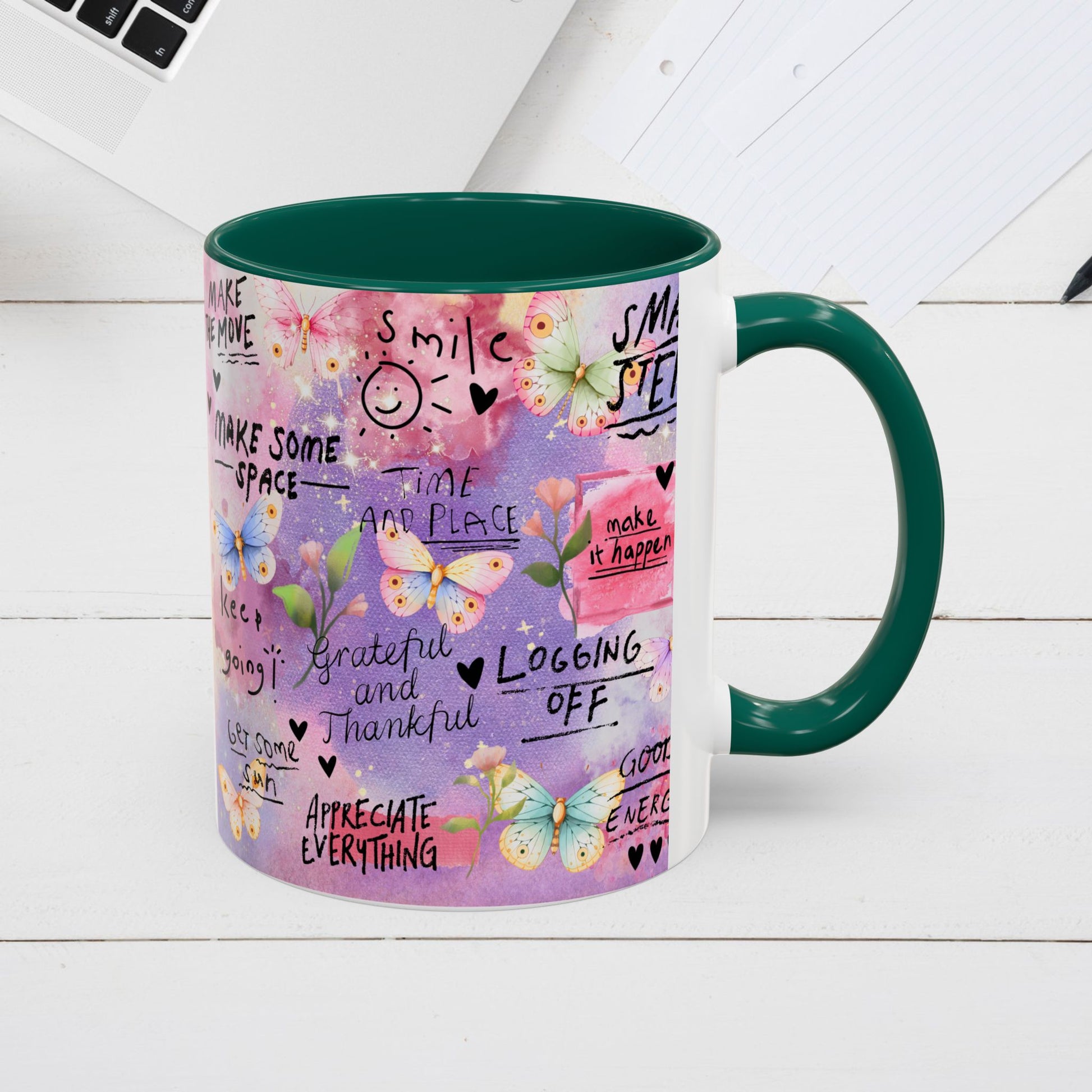 Inspirational Grateful and Thankful Butterfly Mug - Colorful 11oz & 15oz Coffee Cup with Motivational Quotes - GULLYDESIGN