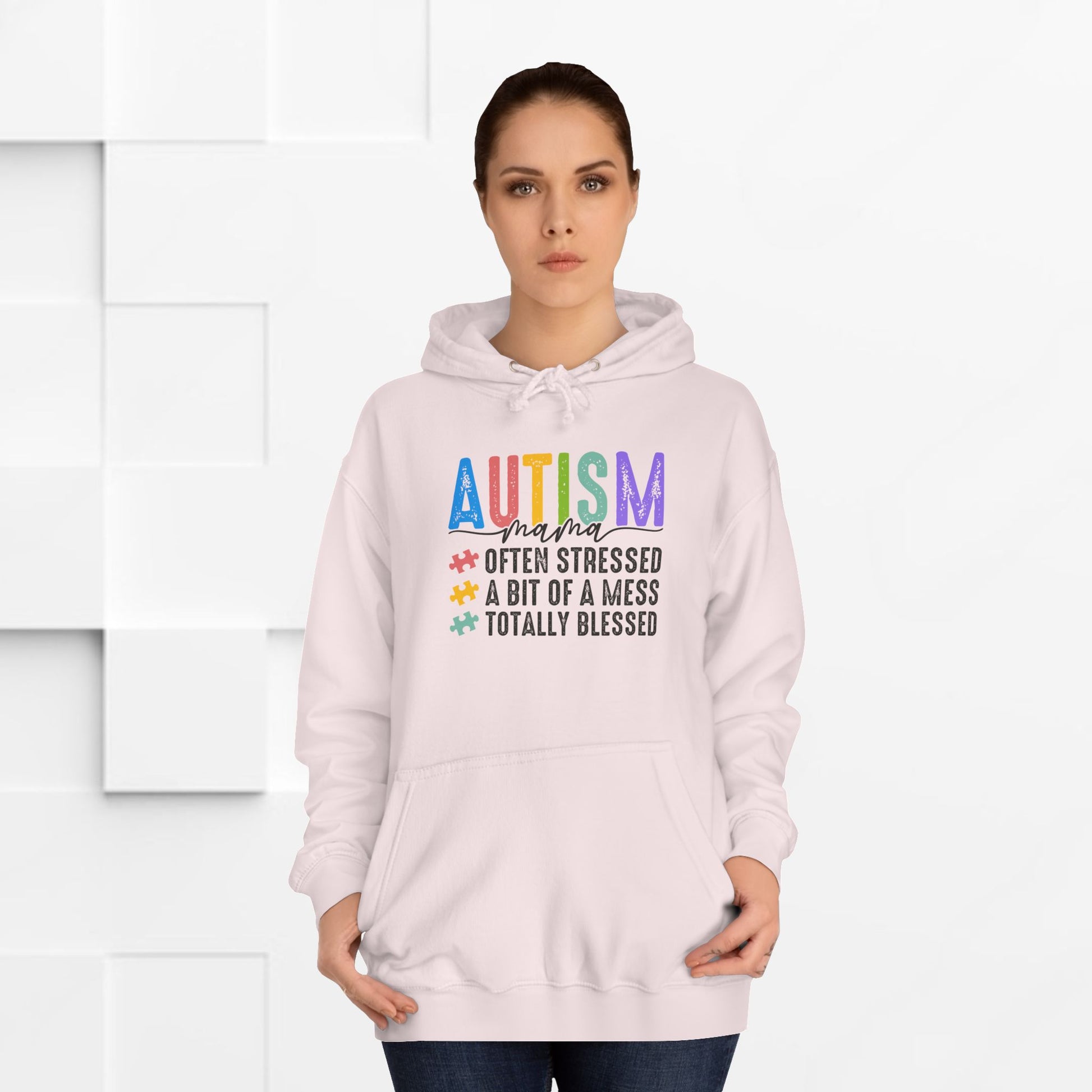 Unisex College Hoodie - Autism Awareness "Often Stressed, A Bit of a Mess, Totally Blessed" - GULLYDESIGN