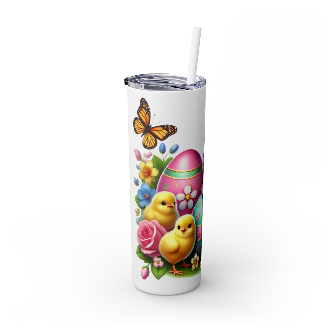 Easter Bunny & Chick Skinny Tumbler with Straw - 20oz, Cute Spring Travel Mug - GULLYDESIGN