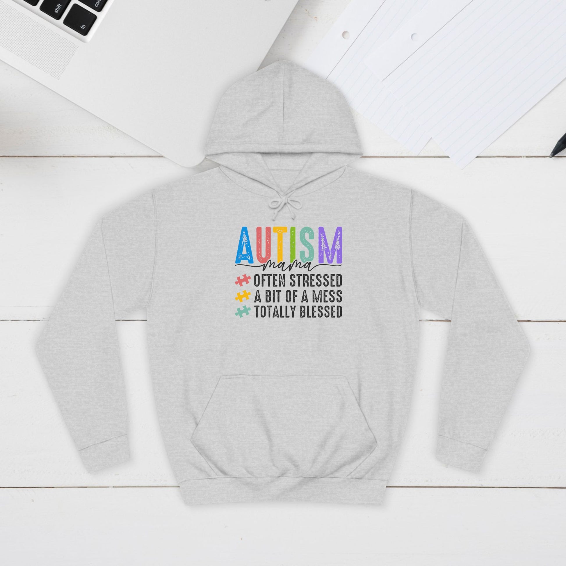 Unisex College Hoodie - Autism Awareness "Often Stressed, A Bit of a Mess, Totally Blessed" - GULLYDESIGN
