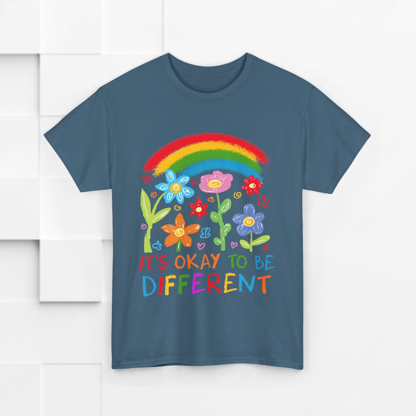 Unisex Heavy Cotton Tee - "It's Okay to Be Different" Rainbow Floral Design - Celebrate Individuality