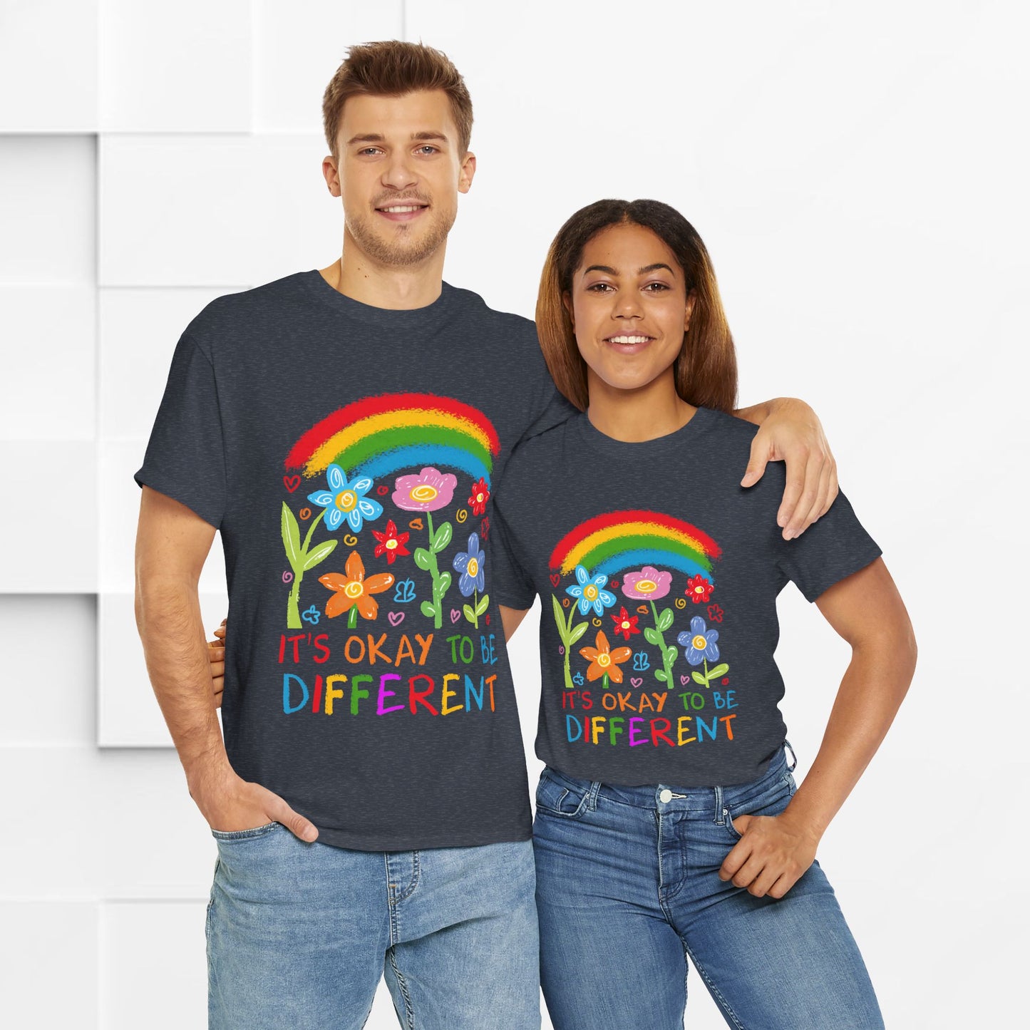 Unisex Heavy Cotton Tee - "It's Okay to Be Different" Rainbow Floral Design - Celebrate Individuality